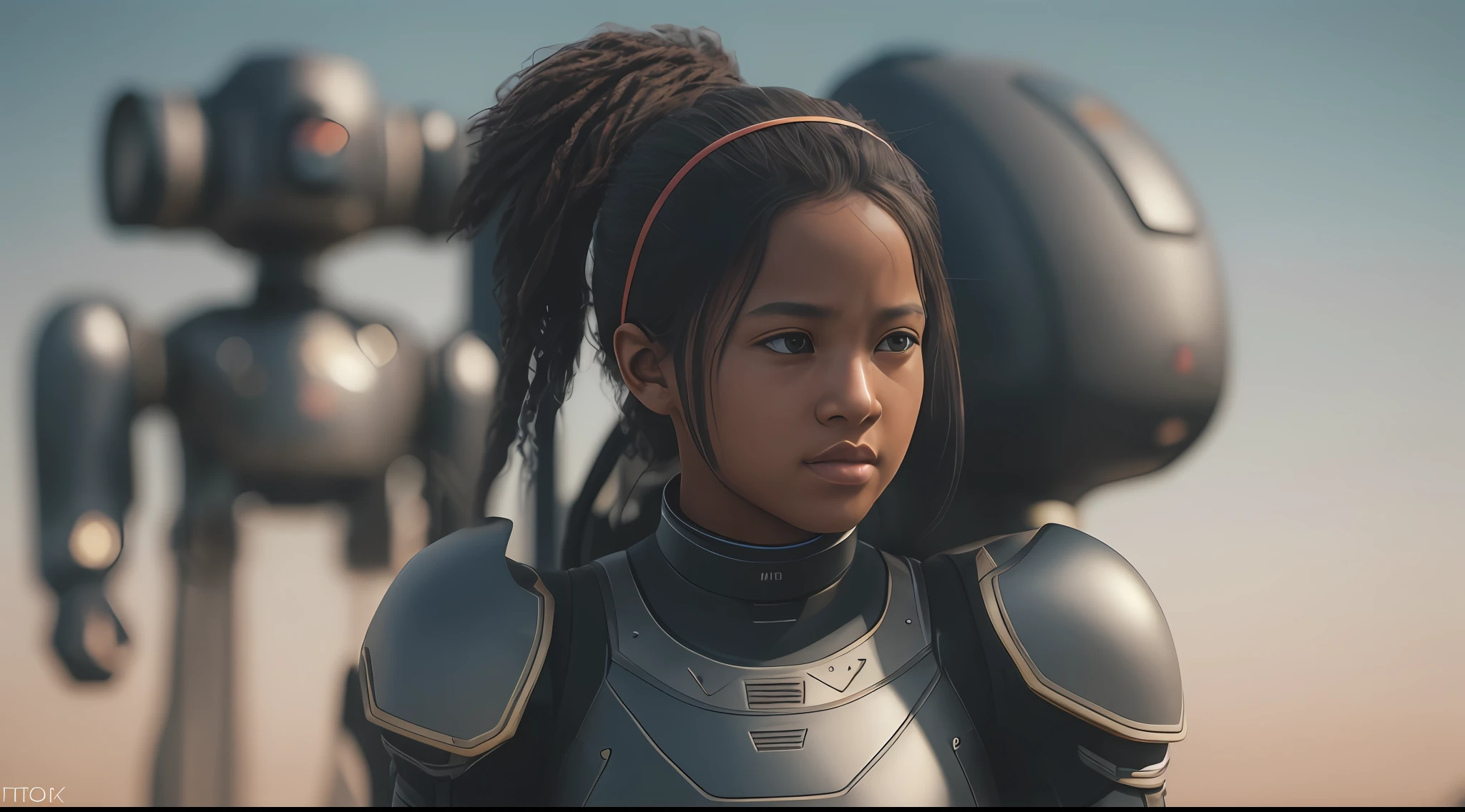 photo, general plan, low view, amplitude, full body, 9 year old girl, black skin, in the distance with a 5m robot next to her, no background, 8k, photorealistic digital rte trend in Artstation 8k HD high definition detailed realistic, detailed, skin texture, hyper detailed, realistic skin texture, armor, maximum quality, ultra high res, (photorealistic: 4.0), high resolution, detailed, raw photo, sharp re, nikon d8 120mm stock photography 4 kodak portra 800 camera f1.3 lens rich colors hyper realistic texture dramatic lighting irrealengine trend in artstation cinestill 800