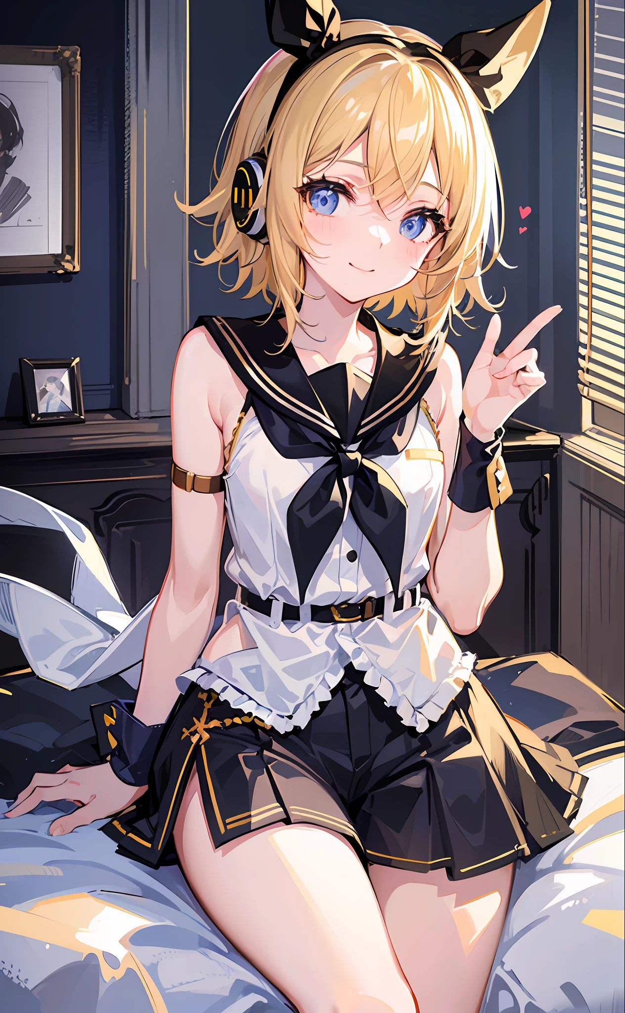 Masterpiece, Top Quality, Illustration, Ultra Detailed, High Resolution, Absurdity, One Girl, (Kagamine_Rin: 1.5), Vocaloid, Very Cute, (Blonde), Short Hair, (Beautiful Blue Eyes), Lively Eyes, (Bright Eyes: 1.2), Beautiful Girl, Smiling, [Sailor Suit in White Tone], (Black Shorts: 1.5), Belt, Shoulders Cut, Yellow neckerchief, white hair ribbon, [white hair clip], [headphones], viewer love, heart on background, love love, light, delicate hands, innocence, innocence, (juvenile: 1.2), , loli, girlfd, bedroom, night, delicate eyes, bare legs, blue archive style, bishōjo anime style