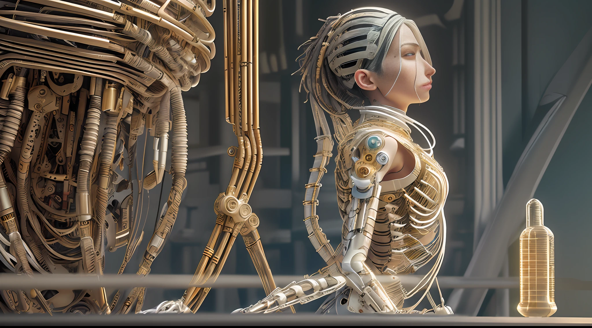 ((((masterpiece))), ((best quality))), ((ultra-detailed)), (CG illustration), ((an extremely delicate and beautiful)),(from side),cinematic light, ((1 mechanical girl)), single, full-body, (machine-made joint: 1.2), ( (mechanical limbs)), (blood vessels connected to tubes), (mechanical spine connected to back), ((mechanical cervical vertebrae attached to neck)), (sitting), forced laughter, (wires and cables around the neck: 1.2), (wires and cables on the head: 1.2) (character focus), sci-fi, extremely thin, colored, the finest white hair, red eyes, in battle, (knotted), (killing), (1 immortal)