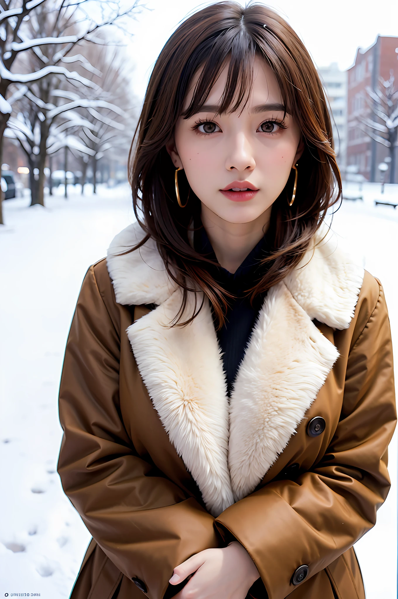 1 girl, bare_tree, brown_eyes, brown_hair, building, coat, cross_earrings, earrings, fur, fur trimmed_coat, fur_collar, fur_scarf, fur_trim, jewelry, lips, shorthair, looking_at_viewer, outdoors, snow, snow, solo, tree, upper_body, Winter, winter_clothes, detailed_eyes,Big breasts, chest close with arms, face facing camera, big, ears out, golden ratio face, golden ratio body, top quality, ultra high definition, bangs, thick bangs