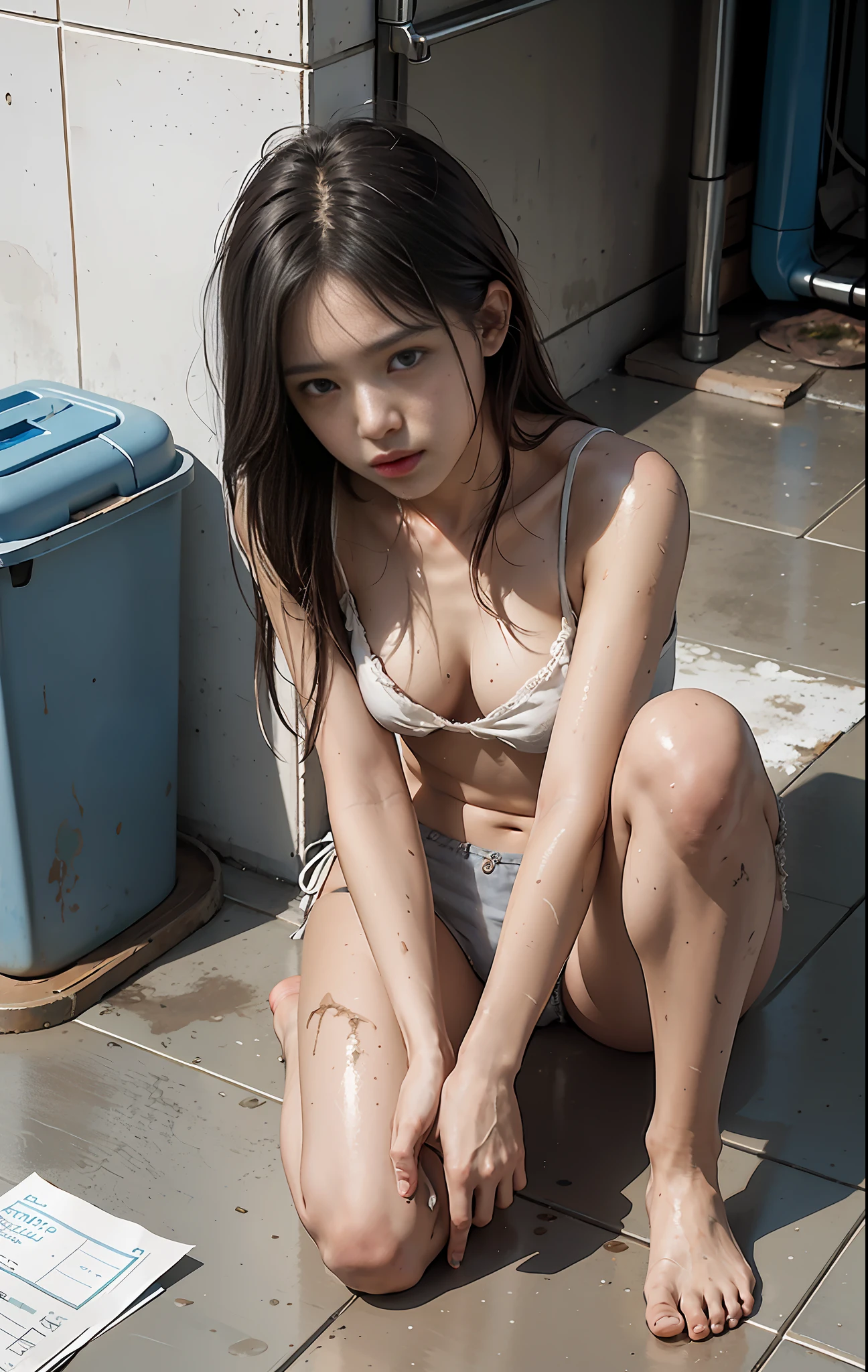 (8k, RAW photos, best quality, masterpieces, : 1.2), (realistic, photorealistic: 1.37), 17-year-old Japan girl with a sad face of homeless, sad expression of despair, sitting on the floor depressed, poor, dirty room littered with garbage, torn and dirty tattered dirty clothes, exposed plain clothes, torn fabric, collarbone, no bra, cotton panties, leg panties, Torn micropants, dirty hair, dirty face, dirty skin, wet skin, muddy skin, muddy feet, bare feet, small breasts, cleavage, unkempt hair, sweat, sweat drops, tan, close-up, from below, old kitchen, tile fragments, dark ruins, messy rooms, broken dolls, trash cans, top quality, ultra high resolution, physically based rendering, cinematic lighting, Complex and cinematic look, messy room, photorealistic, cowboy shot, dynamic angle