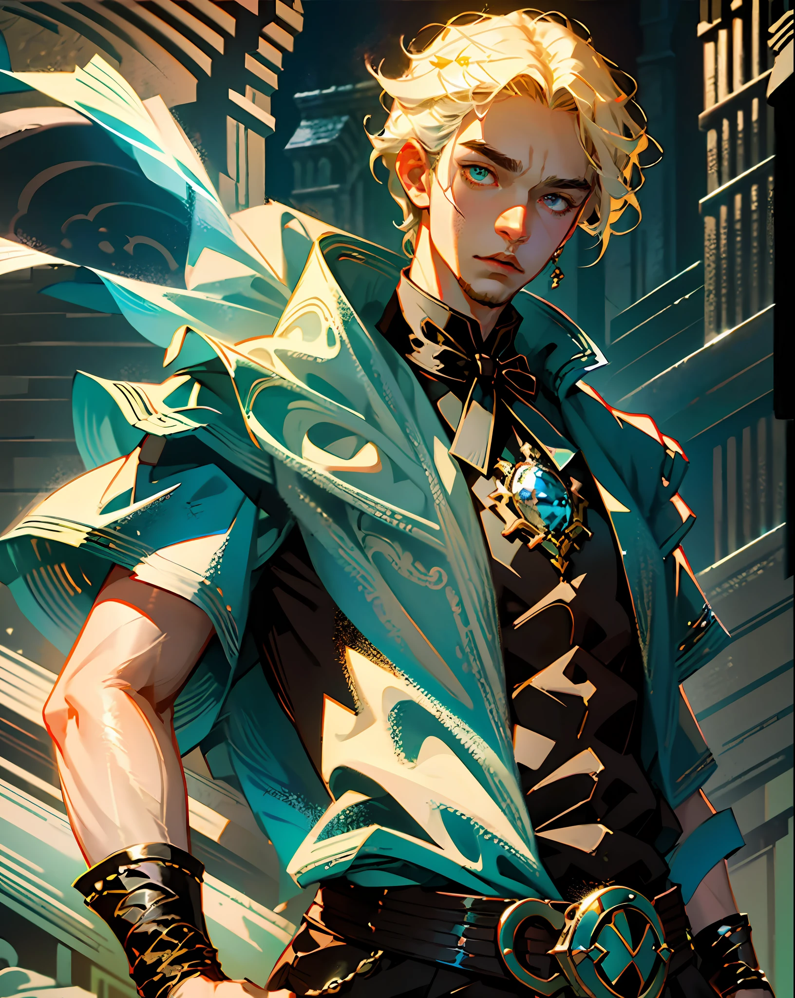 1boy, (man), manly body, anime, extremely detailed, hyper detailed, (broad shoulders), (PERFECT FACE), illustration, soft lighting, 2d, intricate, cowboy shot, detailed eyes, blonde hair, short hair, teal eyes, sexy, toned, black tuxedo, (outside), castle tower