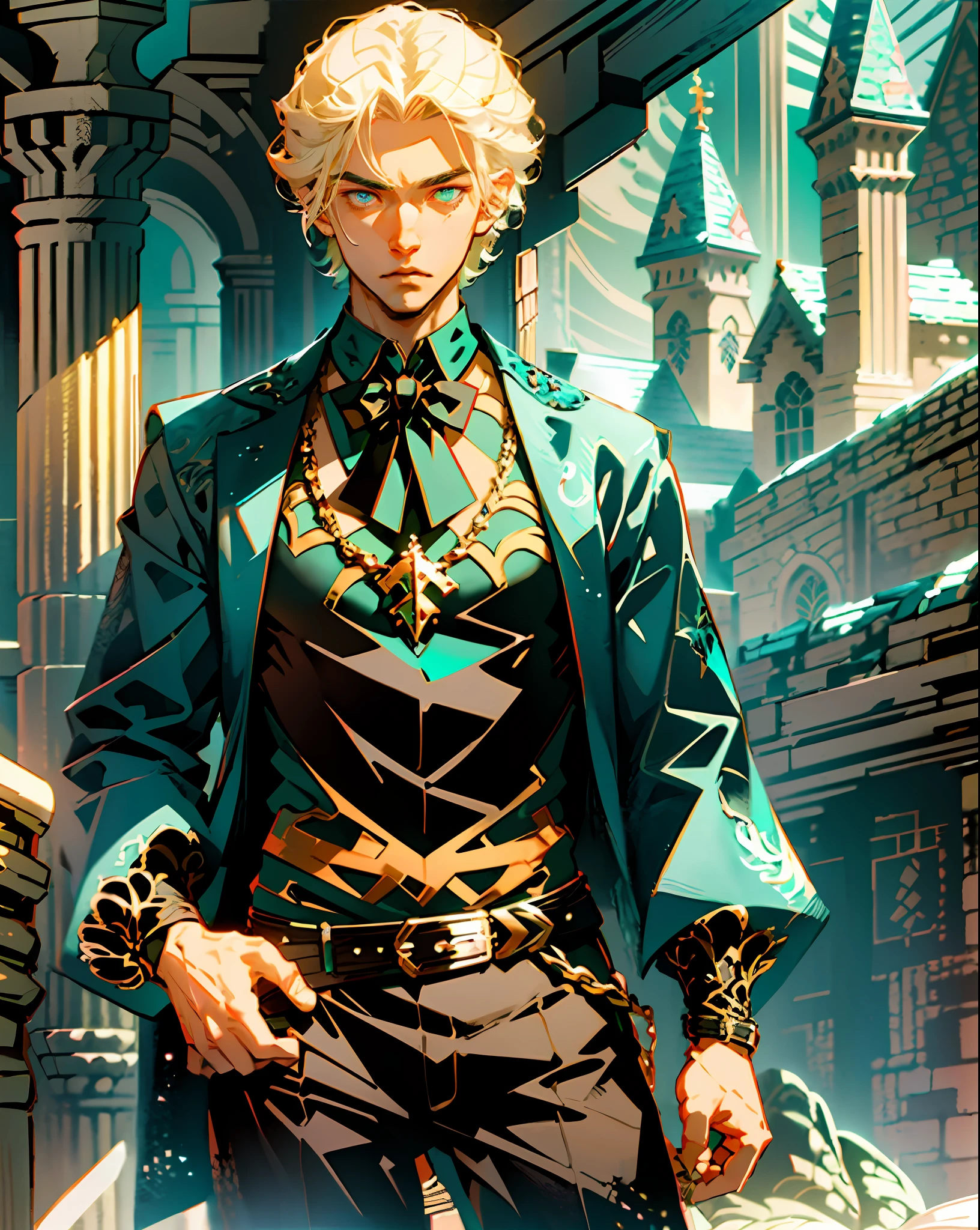 1boy, (man), manly body, anime, extremely detailed, hyper detailed, (broad shoulders), (PERFECT FACE), illustration, soft lighting, 2d, intricate, cowboy shot, detailed eyes, blonde hair, short hair, teal eyes, sexy, toned, black tuxedo, (outside), castle tower