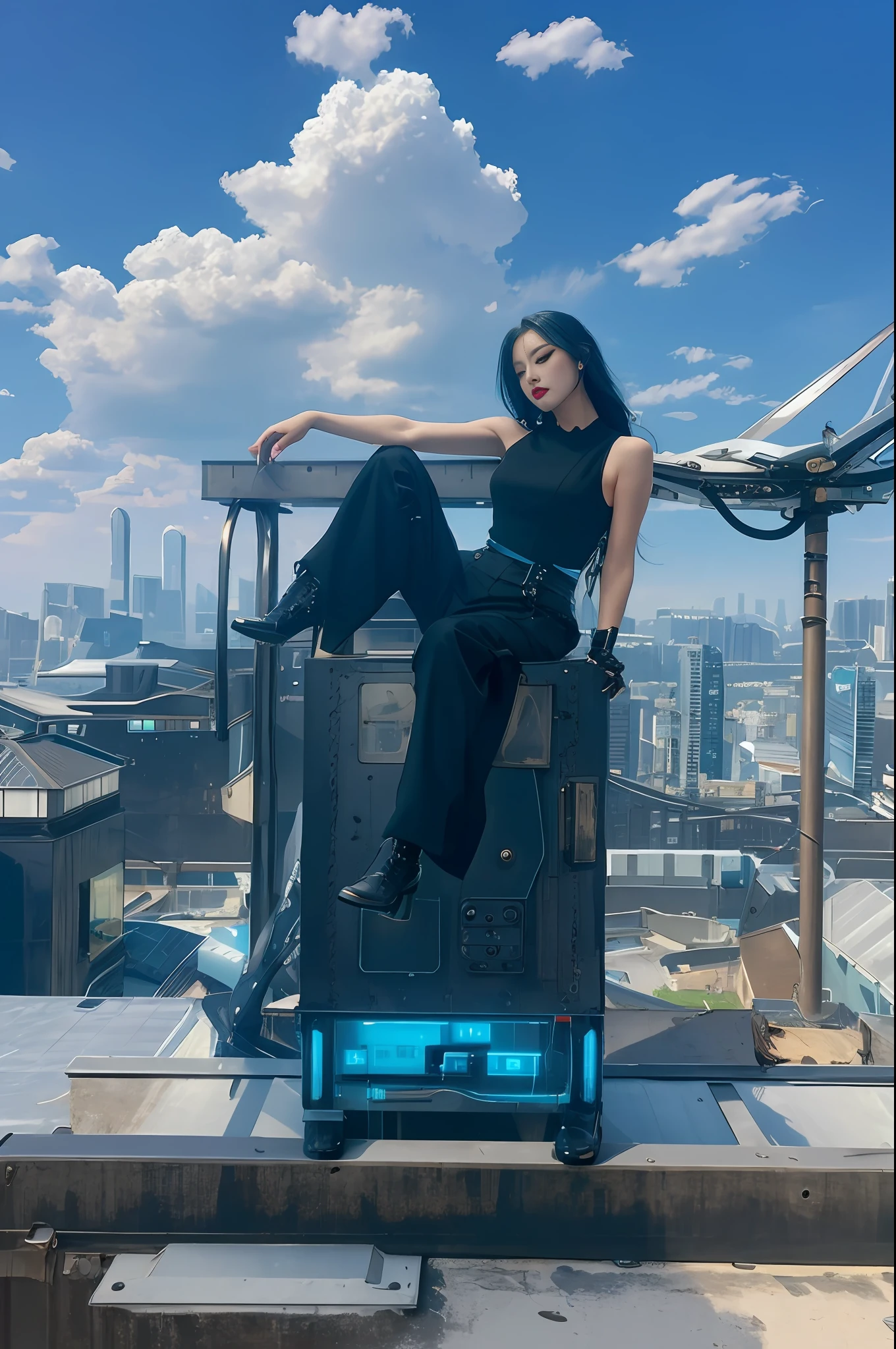 cybernetic woman sitting on a panel box on a roof, wear black suit, black hair, black steampunk boots, steampunk rooftop, modern buildings, ((background: cyber city mega city, futuristic world)), perched on a skyscraper, rooftop,