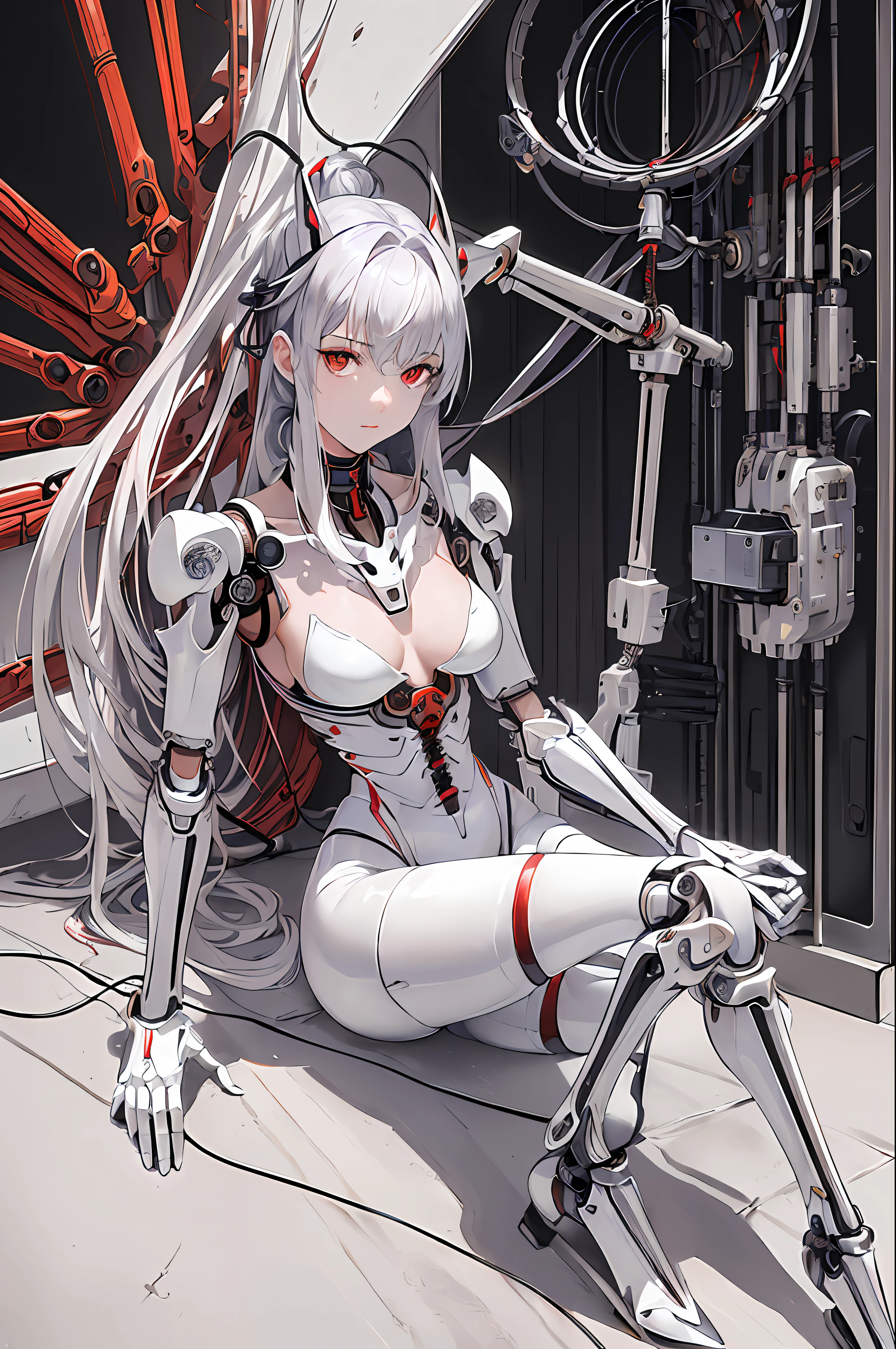 (((Masterpiece)))), (((highest quality)))), ((Ultra Definition)), (Very Fine Photoreality), (((Very Delicate and Beautiful)), (Delicate and Pretty Face), Cinematic Light, (((1 Girl)), Solo, Full Body, Big, Cleavage Is Visible Skin, White Hair, Red Eyes, Glowing Eyes, Thighs Exposed Skin, (Mechanical Joint: 1.4), ((Mechanical Limbs)), (Blood vessels connected to tubes) ), (Mechanical vertebrae attached to the back)), ((Cervical vertebrae of the machine) attached to the neck)), (((Sitting)), Expressionless, (Wires and cables attached to the head and body: 1.5), (Character Focus), Small LED lamp on the body, Evangelion, SF, Gunmetallic body, detailed neon, hydraulic cylinder