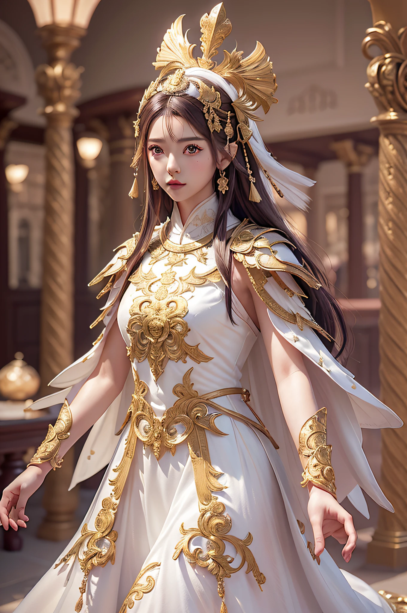 ((masterpiece))), (((best quality))), ((ultra-detailed)), (hyperrealistic), (highly detailed CG illustration), cinematic light, photorealistic ,extremely beautiful young lady, light makeup, intricate detailed eaba, white intricate cape, dynamic pose, spear