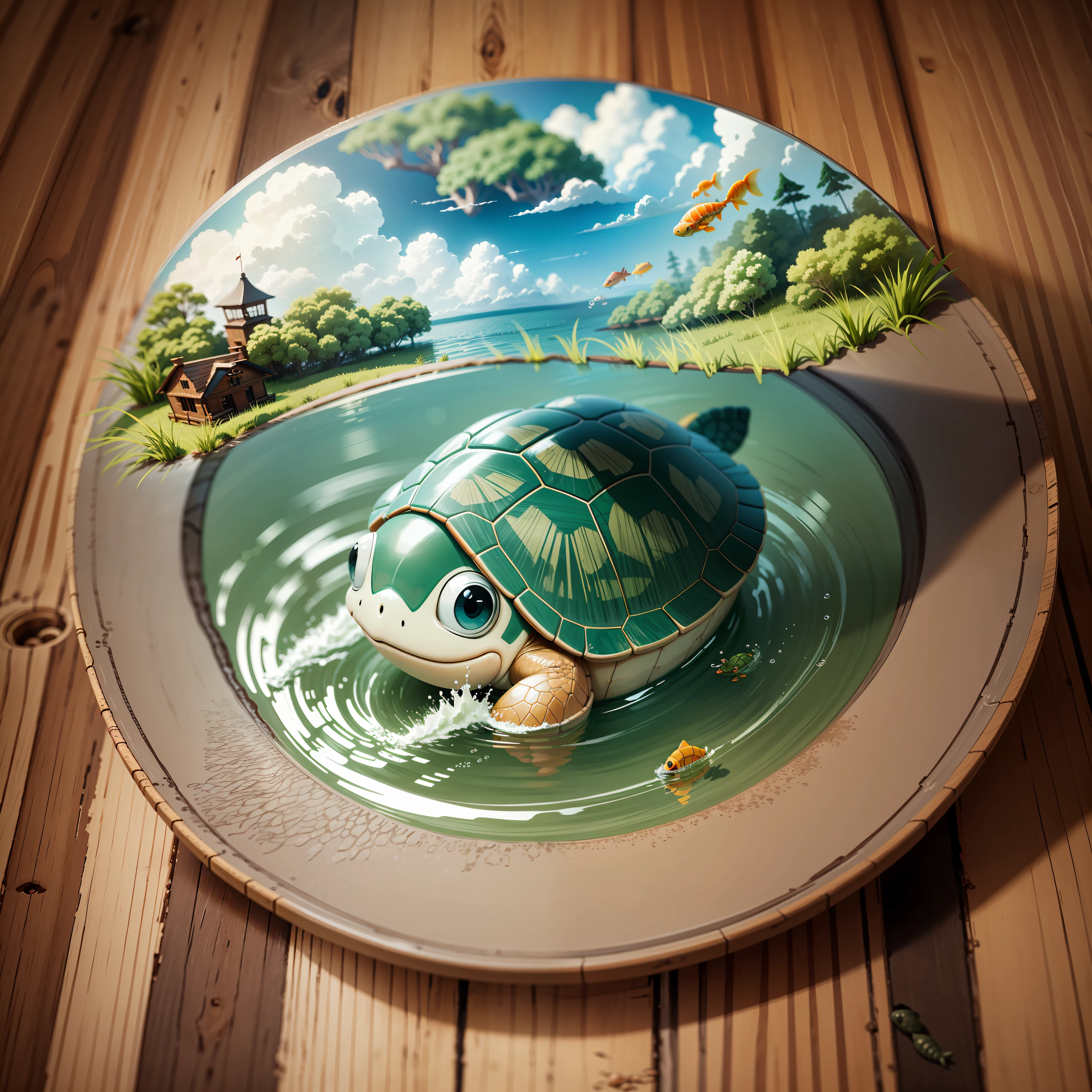 Poster making, a little turtle, in the water, chasing small fish to eat, blind box style, --auto --s2