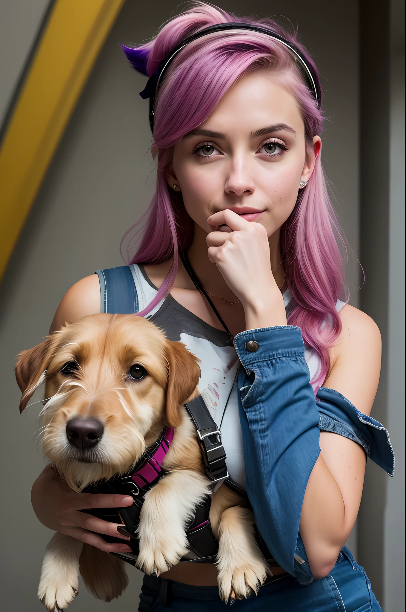 fashion style, masterpiece, best quality, 8k, art station, sharp focus, (ultra-realistic: 1.5), (high details: 1.4), raw photo of a young woman, holding a dog, cap with purple horns, cosplay, jean shorts, striped arm gaiter, fingerless gloves, beautiful body, smiling, backpack, ponytails, pink hair, faded, complex things around, intricate background, (Cinematics:  1.4),