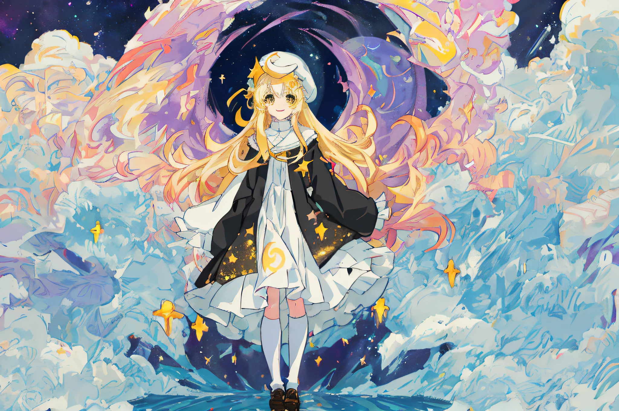 Solo, 1girl, masterpiece, best quality, extremely detailed, cinematic lighting, intricate details, high resolution, official art, fine and detailed beautiful face and eyes, high resolution illustration, 8k, dark intense shadows, overexposure, ((space)), universe, long rainbow hair, multicolored hair, gradient hair, white dress, simple dress, flowing dress, long sleeves, detailed clouds, gradient sky, yellow eyes, purple sky, black sky, stars, ((milky way)), Smile, look at the audience, upper body a cartoon girl with long hair, hat and dress, anime art nouveau style, dress loli, loli, retro anime girl, little curve loli, anime full body illustration, long hair anime girl, loli,!! Full body portrait! , long-haired blonde anime girl, anime illustration, anime style illustration, Lolita style, white stockings