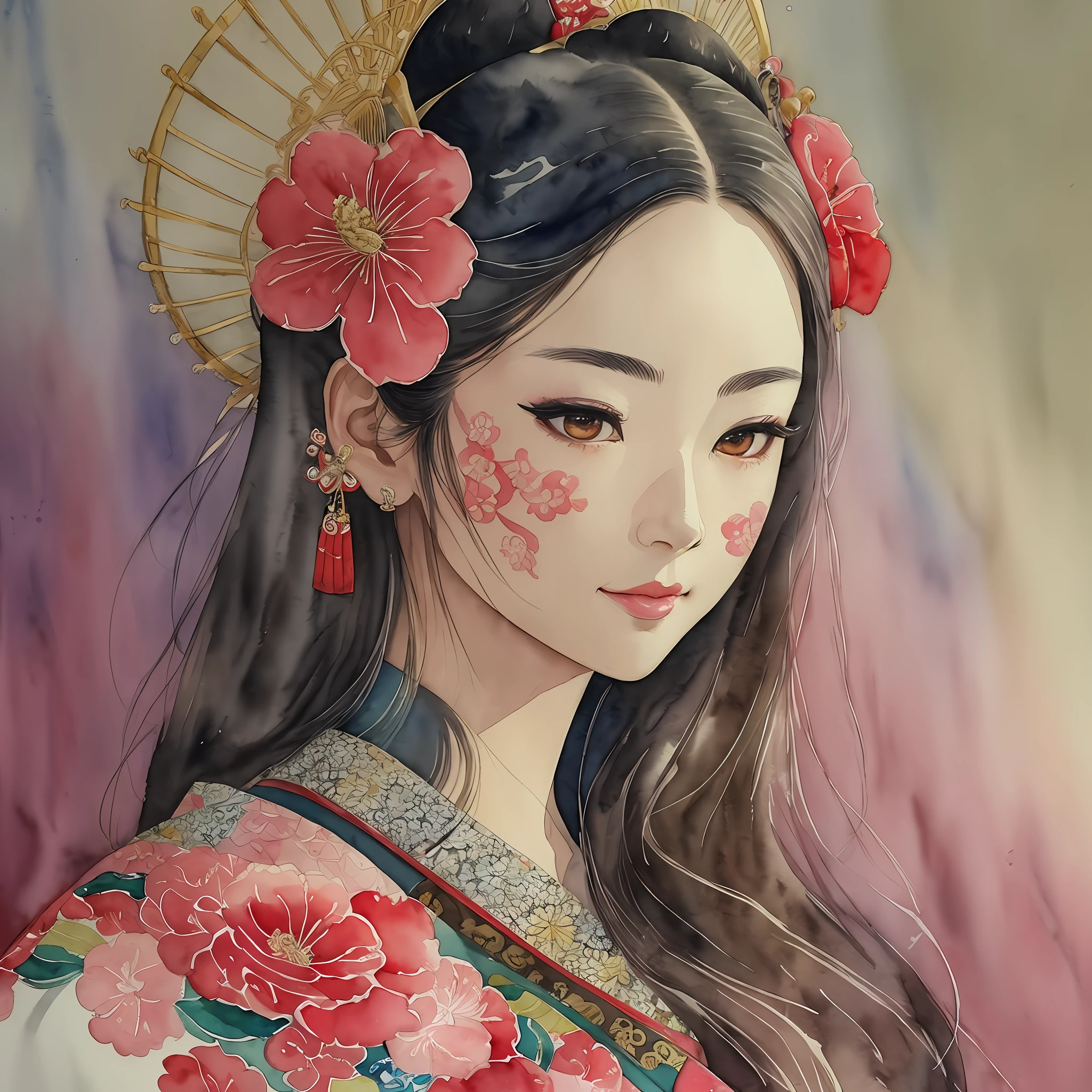 (masterpiece:1.2, best quality), (very detailed face, real picture, realistic skin, realistic body, intricate details), solo, 1milf, casual,ukiyo-e, (Watercolor:1.3), Oiran, --auto --s2