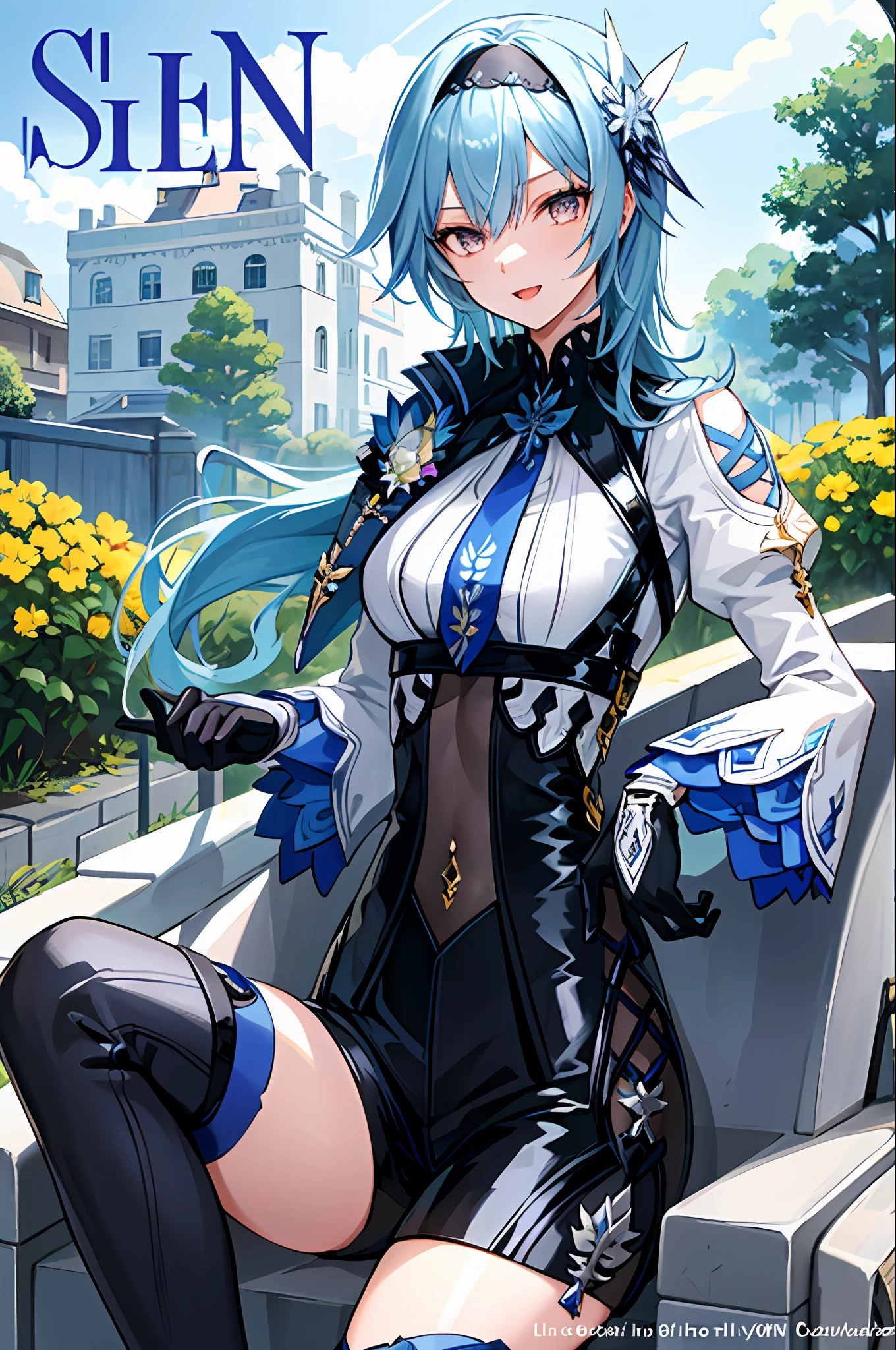 ((  long hair, blue hair, blue hair, yellow purple eyes))(( smile)( open mouth))((( elegant girl),( slender body)),(( blue color clothes)))(( shorts))(( sitting,))(( clearly drawn face))(( beautiful detailed eyes, super detailed skin))(( flower garden, outdoor)) BRAEK (magazine:1.1), (cover-style:1.3), fashionable, vibrant, outfit, posing, front, colorful, dynamic, background, elements, confident, expression,statement, accessory, majestic, scene, text, cover, bold, attention-grabbing, title, stylish, font, catchy, headline, larger, striking, modern, trendy, focus, fashion,