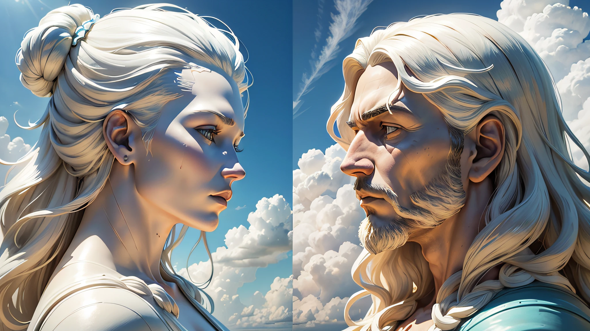 Rectangular image with the head of a man sculpture in the left part and a woman sculpture head in the right part, with a sunny blue sky background with white clouds around the sculptures. The man's sculpture has serious and imposing expression, with realistic details in his hair and beard. The sculpture of the woman has a soft and delicate expression, with hair carved in soft waves. Both sculptures appear to be looking out over the distant horizon. The sunny blue sky background with white clouds creates a pleasant contrast to the sculptures, highlighting their imposing presence. The two are distant looking at each other, in opposite corners of the image, the file should be 25560x1440 pixels --auto --s2