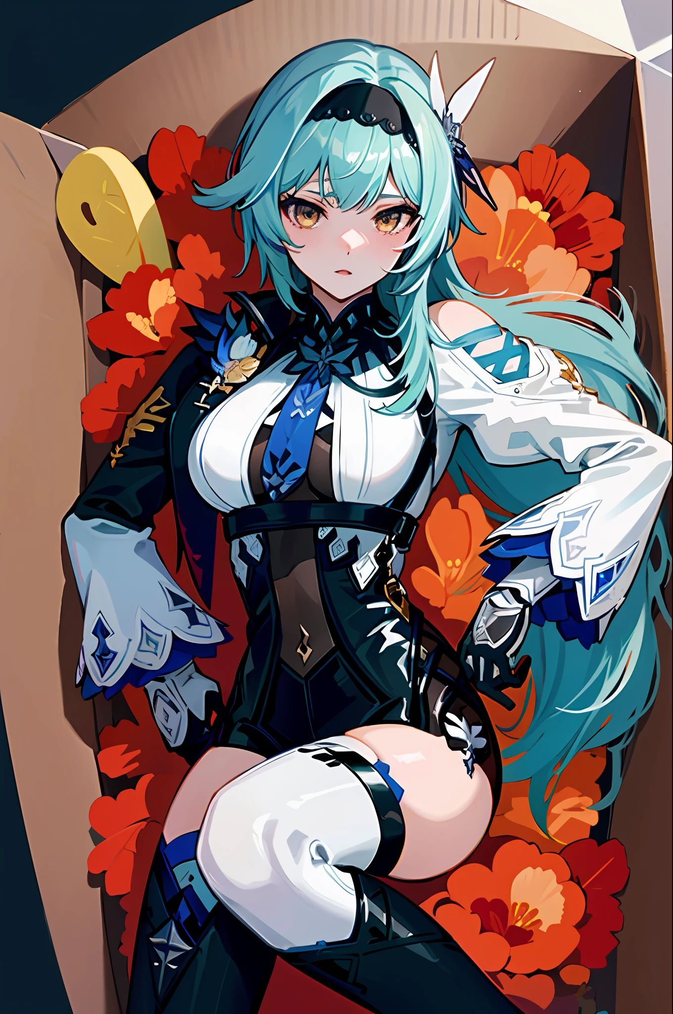 (masterpiece, top quality, best quality, official art, beautiful and aesthetic:1.2),(8k, best quality, masterpiece:1.2), there is a woman sitting in a box full of Primogem genshin impact, isi kotaknya primogems, eula genshin impact, eula game genshin impact, kawacy, splash art anime ****, extremely detailed artgerm, artgerm. anime illustration, from girls frontline, ! dream artgerm, ruan jia and artgerm, 2 hands, 2 legs