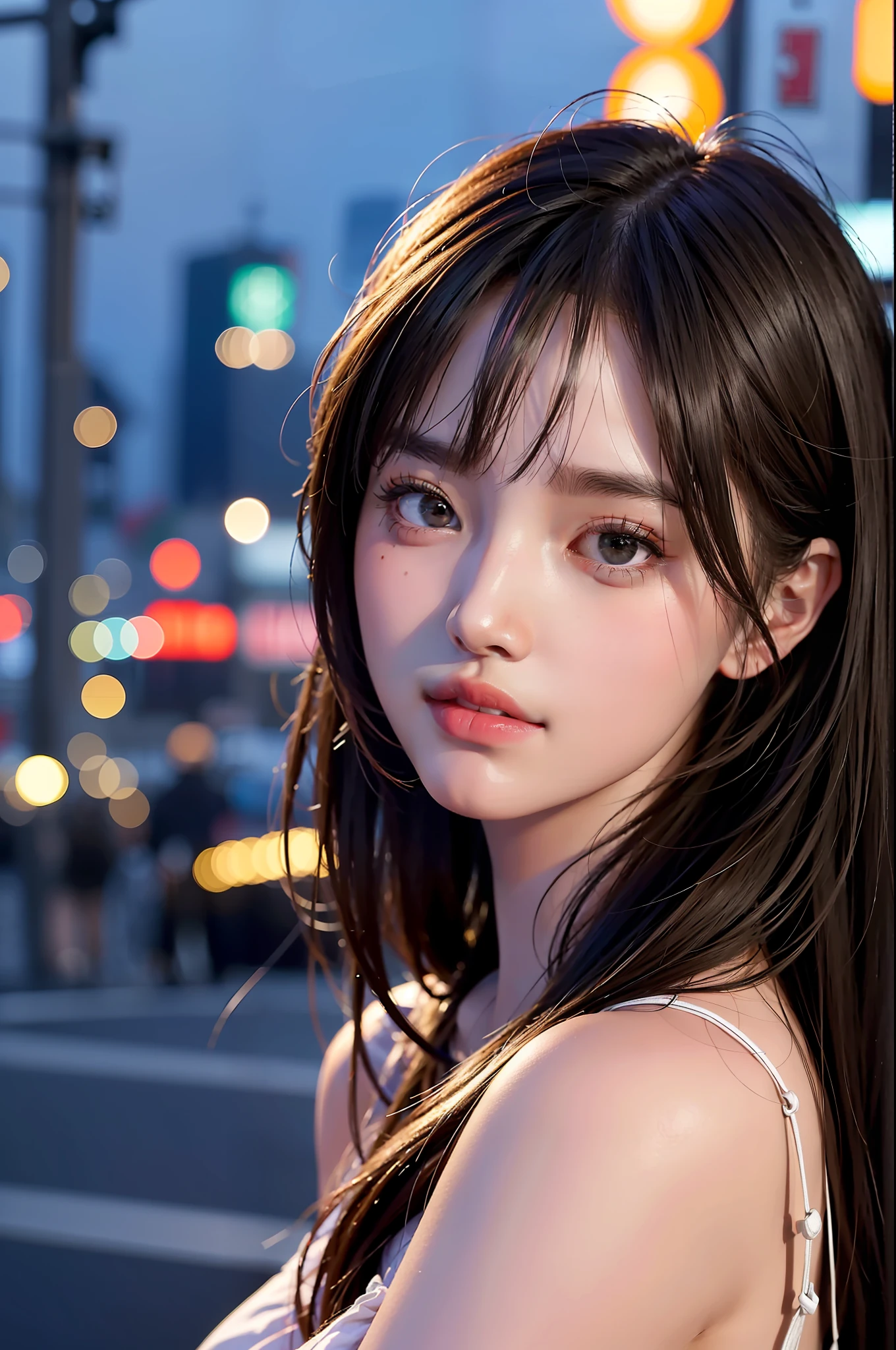 1girl, Tokyo street,night, cityscape,city lights, upper body,close-up, 8k, RAW photo, best quality, masterpiece,realistic, photo-realistic,