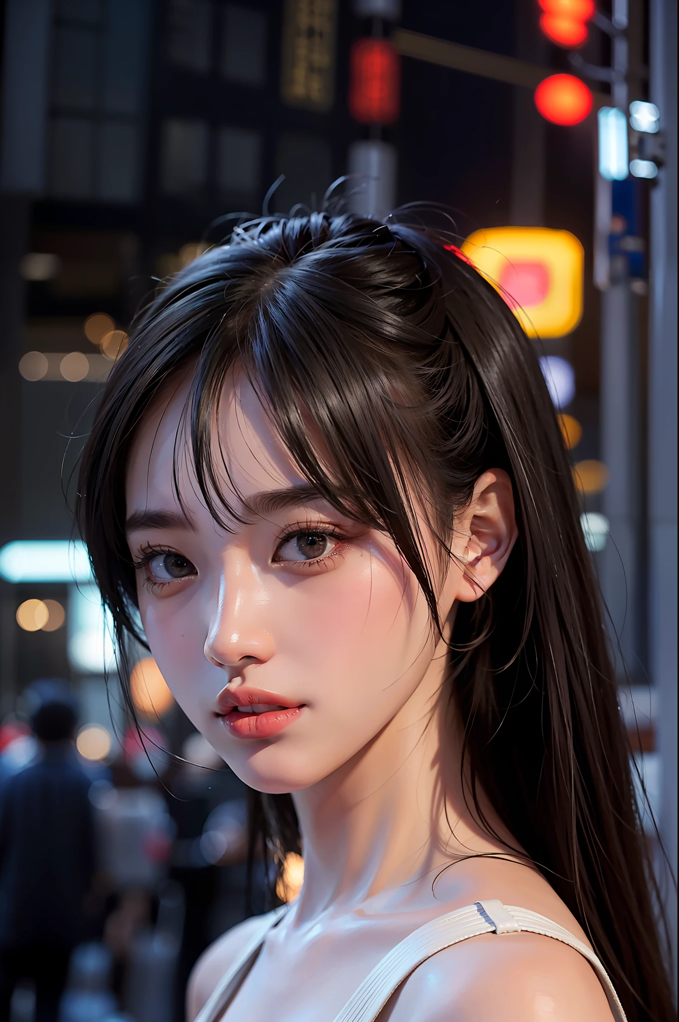 1girl, Tokyo street,night, cityscape,city lights, upper body,close-up, 8k, RAW photo, best quality, masterpiece,realistic, photo-realistic,