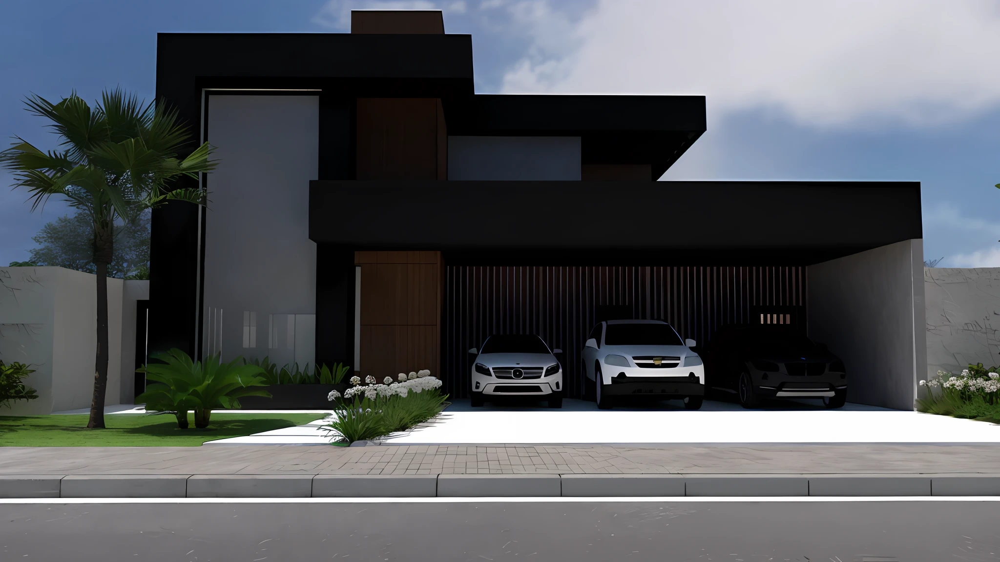 there are two cars parked in front of a modern house, concept house, exterior design, contemporary house, lumion render, black house, large modern residence, 3 d rendering, 3d rendering, architectural render, 3d render, 3 d render, modern house, residential design, lumion rendering, 3 - d render, render 3 d, front view dramatic --auto --s2