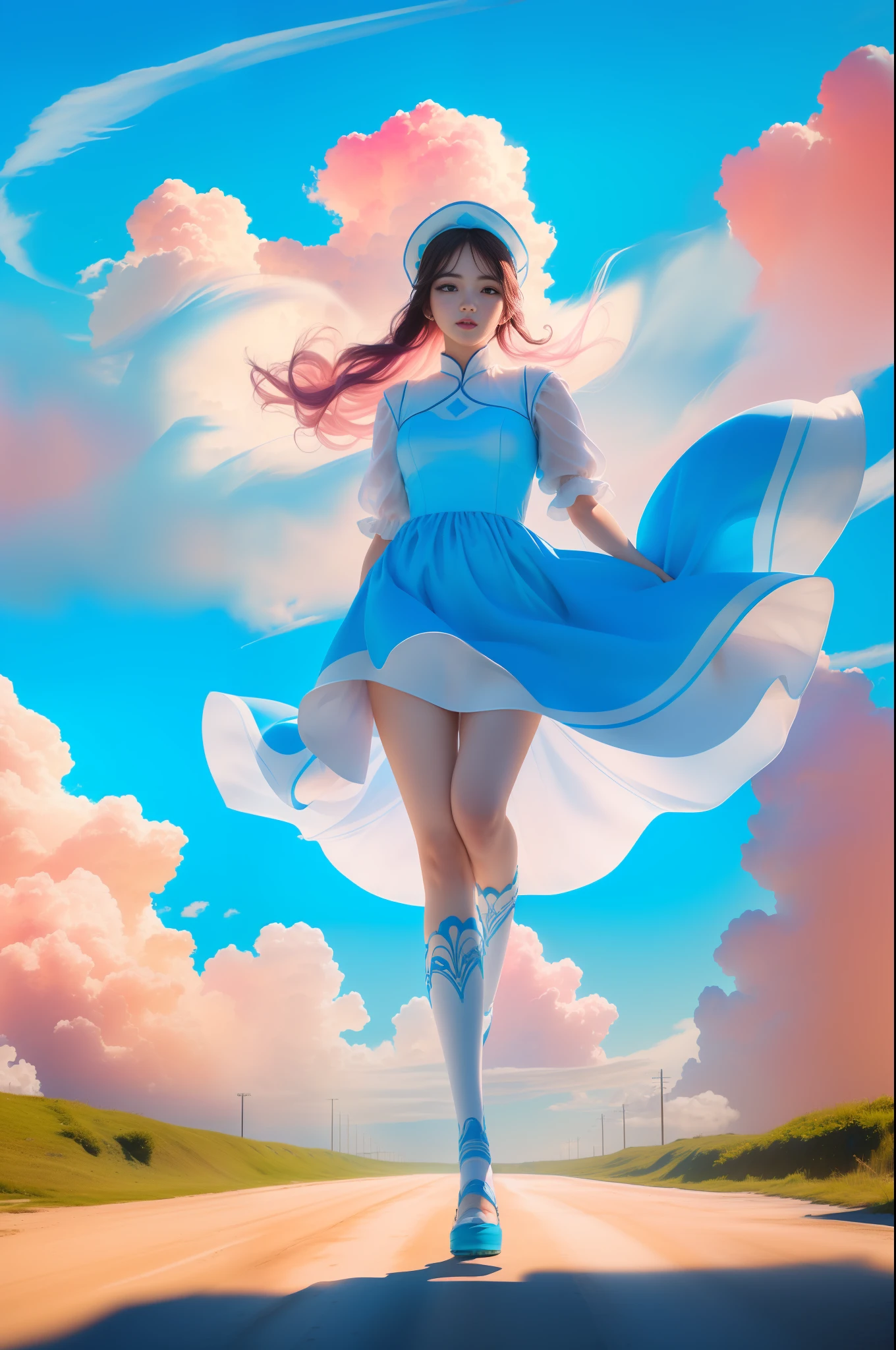 (8k, RAW photo, photorealistic:1.25) ,( lip gloss, eyelashes, glossy side, shiny skin, best quality, ultra high resolution, depth of field, chromatic aberration, caustic, wide light, natural shadow, headwear, kpop idol) ,light pink and blue style, 1girl, (blue sky: 1.5), tall and thin beauty goddess, flowing dress, conservative girl, cloud goddess, flowing white fabric, wearing a flowing dress, realistic, (Blue sky and white clouds in the background: 1.4), (wind: 1.5), (Full body: 1.5), camera very close to the ground, girl running