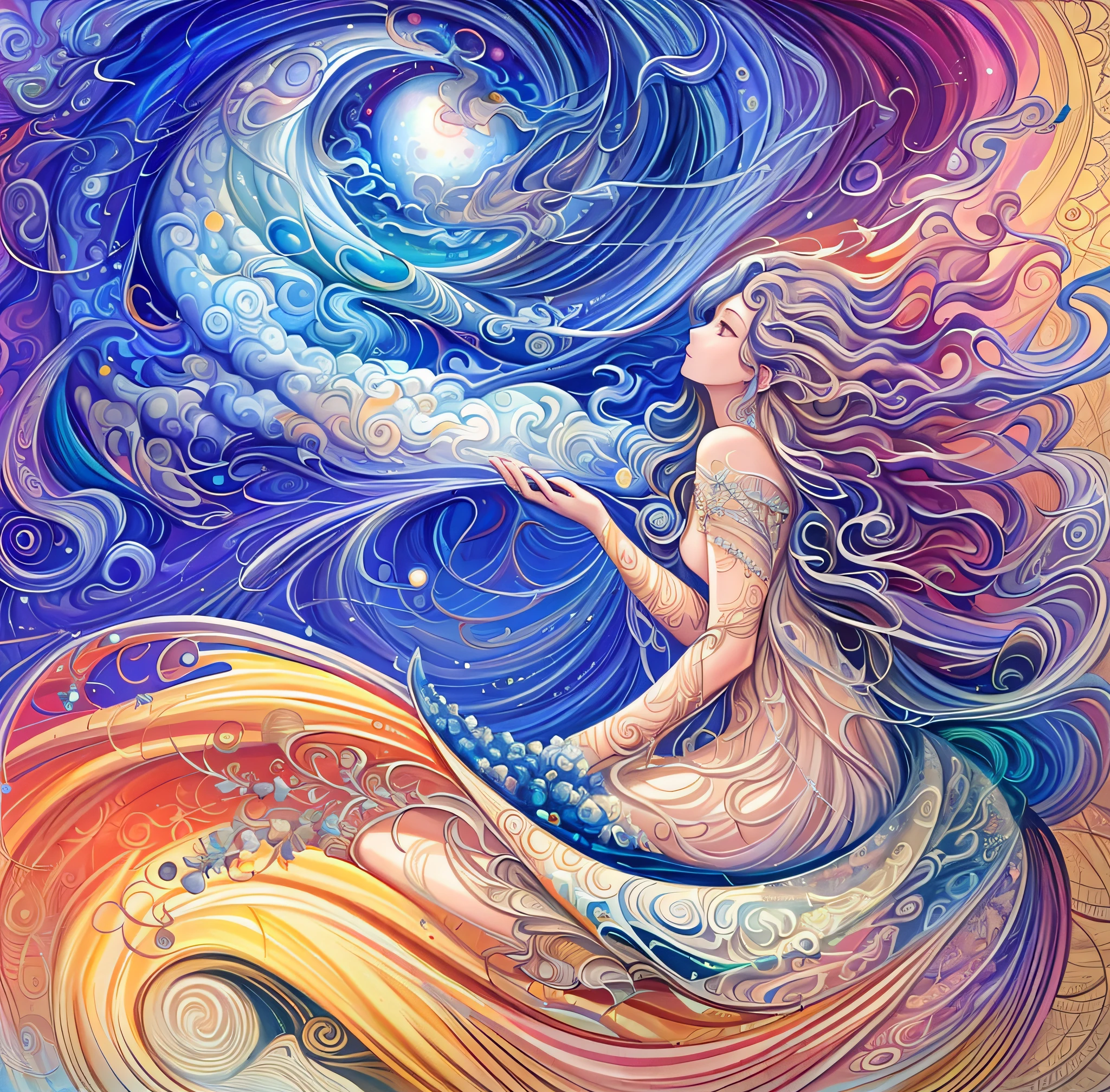a painting of a woman sitting on a wave with a star in the sky, softly swirling magical energy, celestial goddess, intricate fantasy painting, moon goddess, a beautiful artwork illustration, intricate beautiful painting, swirling magical energy, intricate oil painting artwork, by Amanda Sage, channeling swirling energy, beautiful intricate oil painting, inspired by Josephine Wall, cosmic goddess