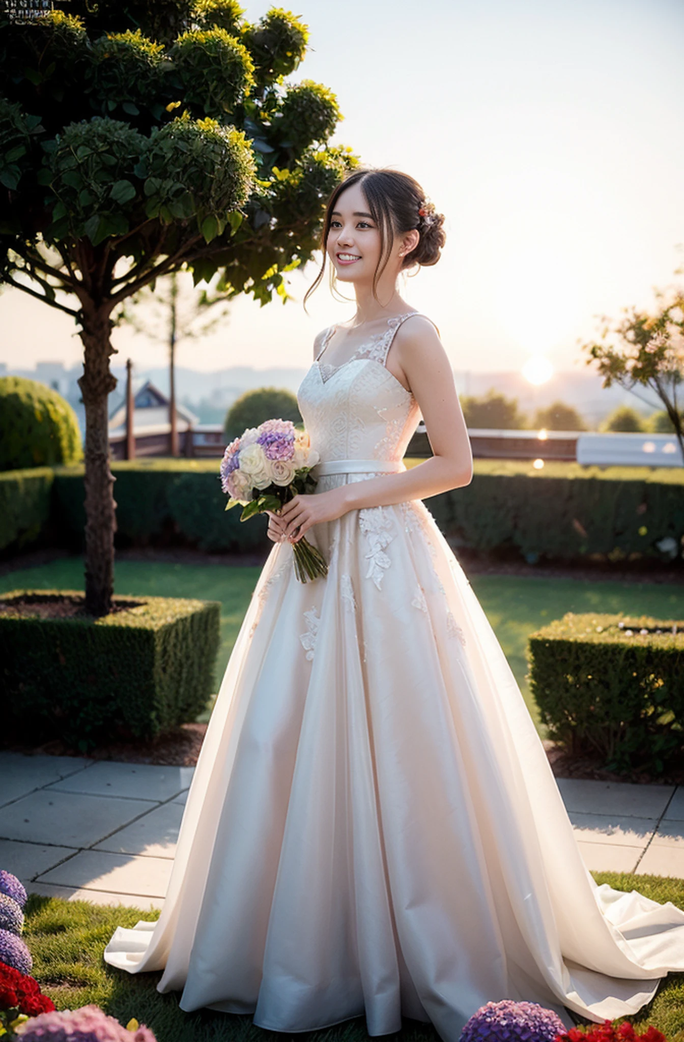 (((Full body photo))))))), (((Rembrandt lighting)),((Sunset backlight)))),(Lens flare)),((Wearing a red wedding dress)),((Super Soft Focus))))), smiling, (Profile)))))), (Looking into the distance)))), twilight, Showered and surrounded by colorful hydrangeas, hydrangeas in the background, ((soft sunset)), (yinchuan:1.5), masterpiece, best quality, raw photo, photorealistic, face, beautiful girl, cute, short hair, ((((depth of field)))), high resolution, ultra detail, fine detail, very detailed, cinematic lighting