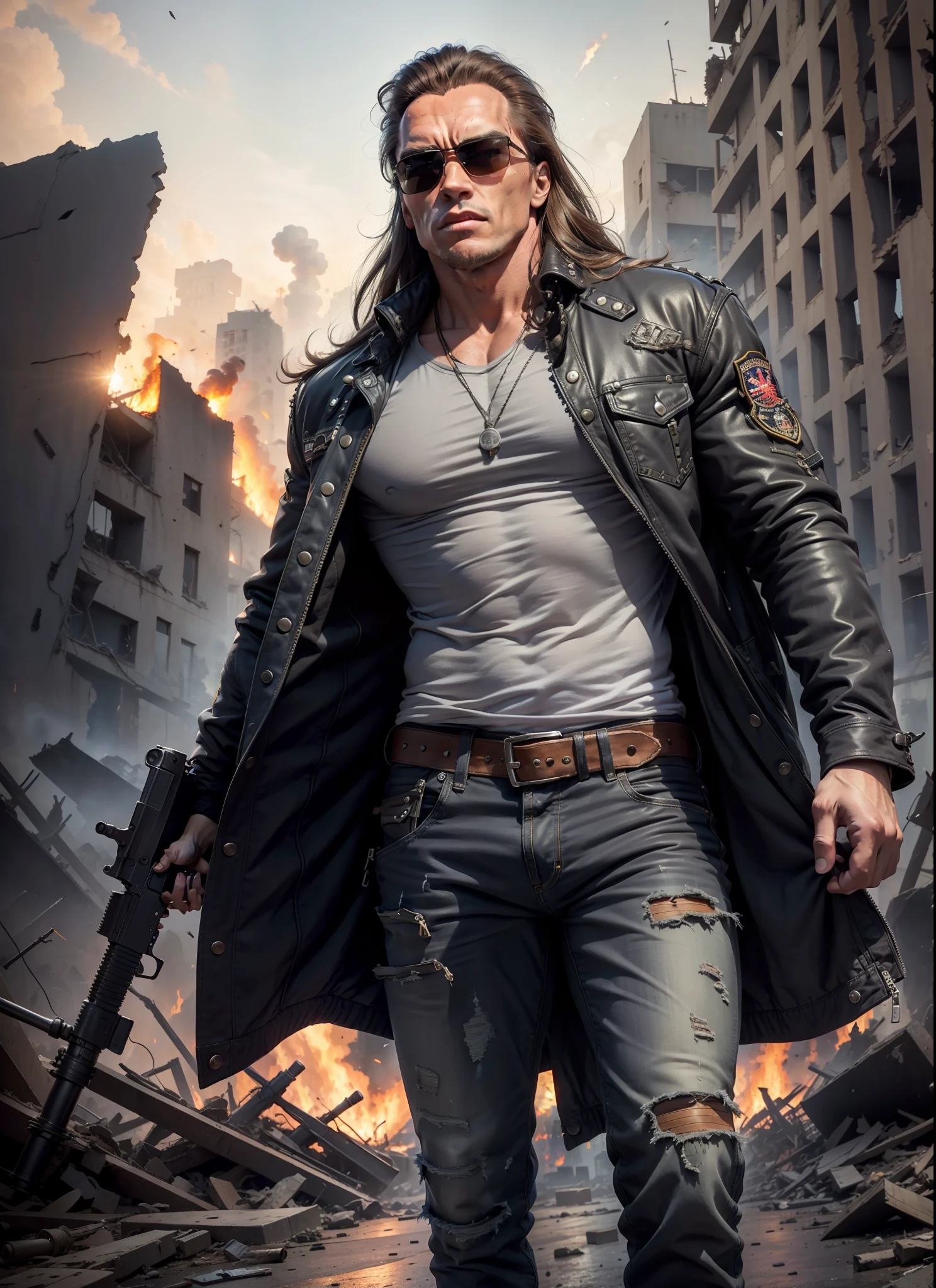 young Arnold Schwarzenegger, long hair, sunglasses, jeans, long jacket, gray t-shirt,1 belt, holster, rivets, just one body, big gun in the hands, in the ruins, explosions behind, fire behind, front view