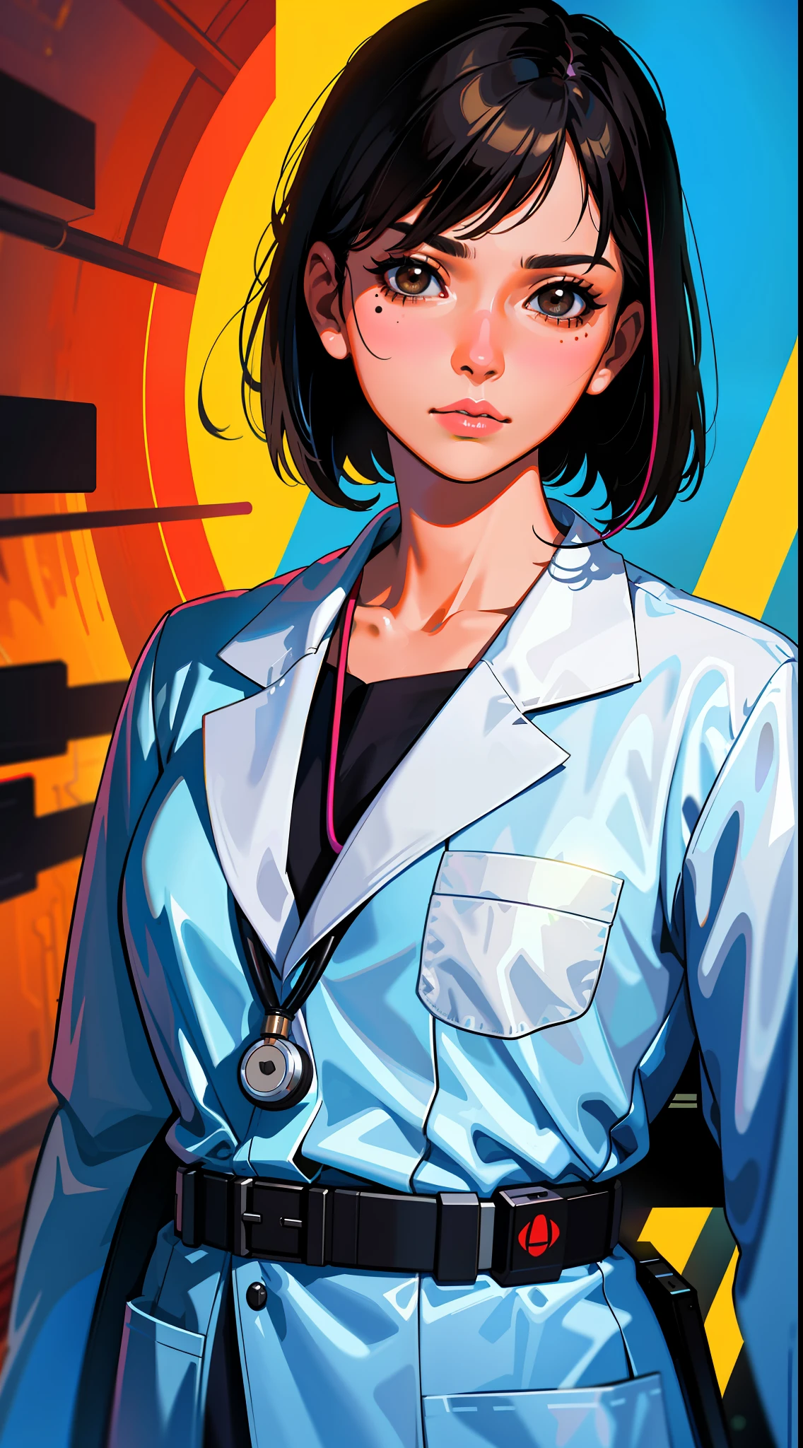 Science fiction, medical uniform, lab coat, 1984 movie references, 80's, rebellious stories, 30 women, adults, brown eyes, Asian yellow skin, Bob's short black hair, dresses, medical uniform, 1980s inspiration, realistic face resolution, realistic, object resolution, lab coat, cyberpunk