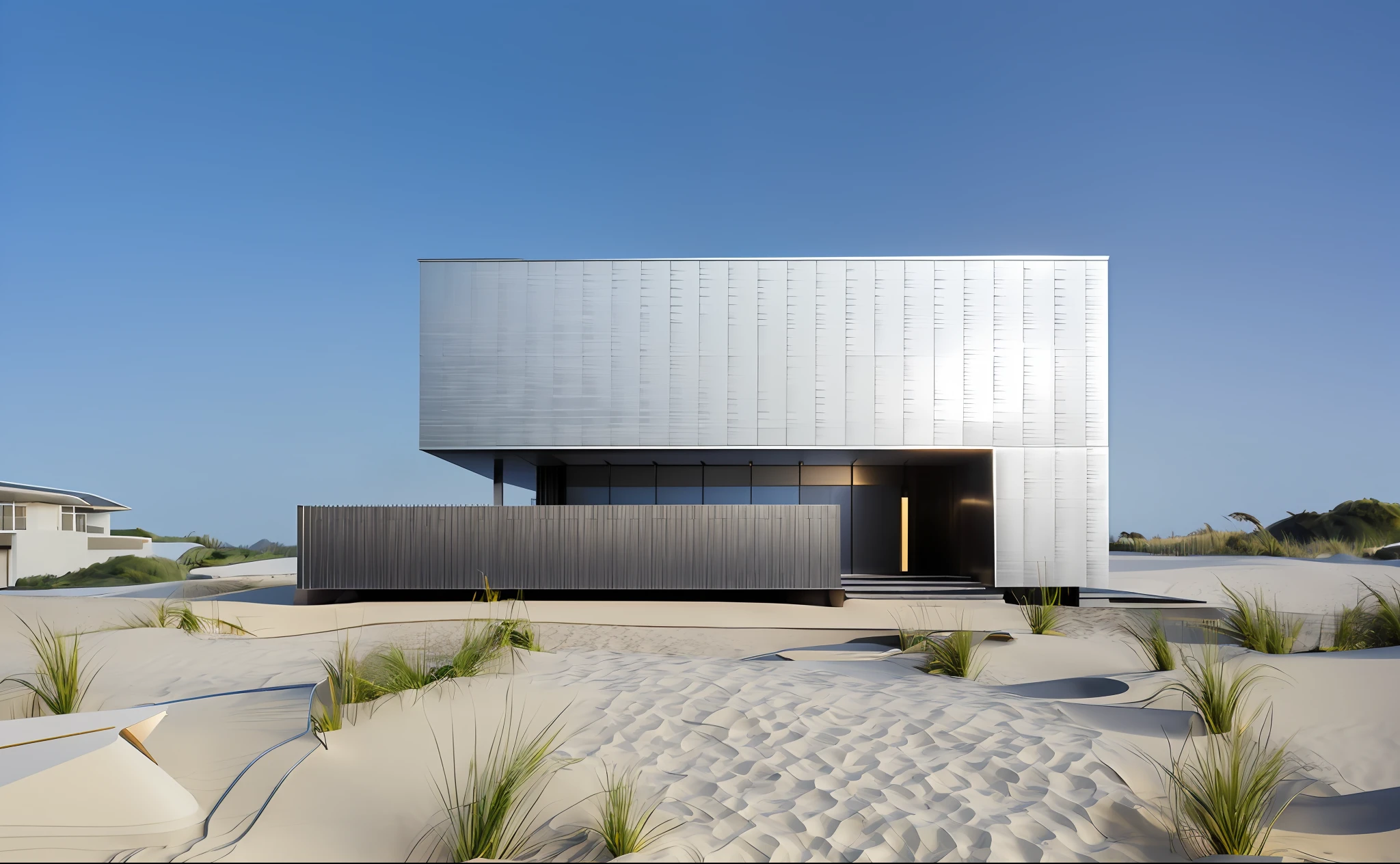 ((Masterpiece, highest quality)), 8K, Modern Architectural Style, Photorealistic Photography, David Chipper Field, Ultra detailed photo, Single box, Digital 3d rendering of building, Metal building, Lean flare, Beach, Night, Beauty One