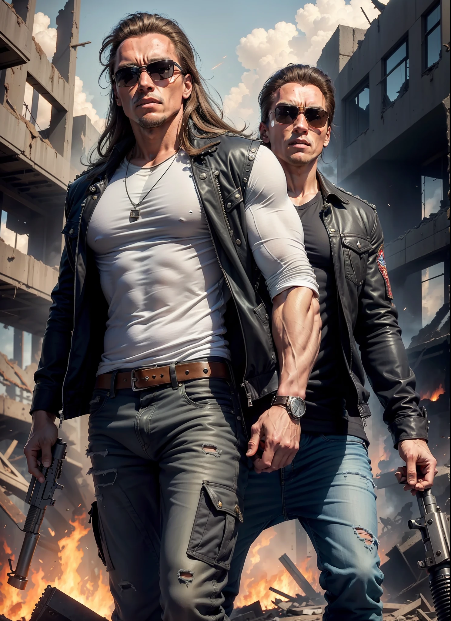 young Arnold Schwarzenegger, long hair, sunglasses, jeans, long jacket, gray t-shirt,1 belt, holster, rivets, just one body, big gun in the hands, in the ruins, explosions behind, fire behind, front view