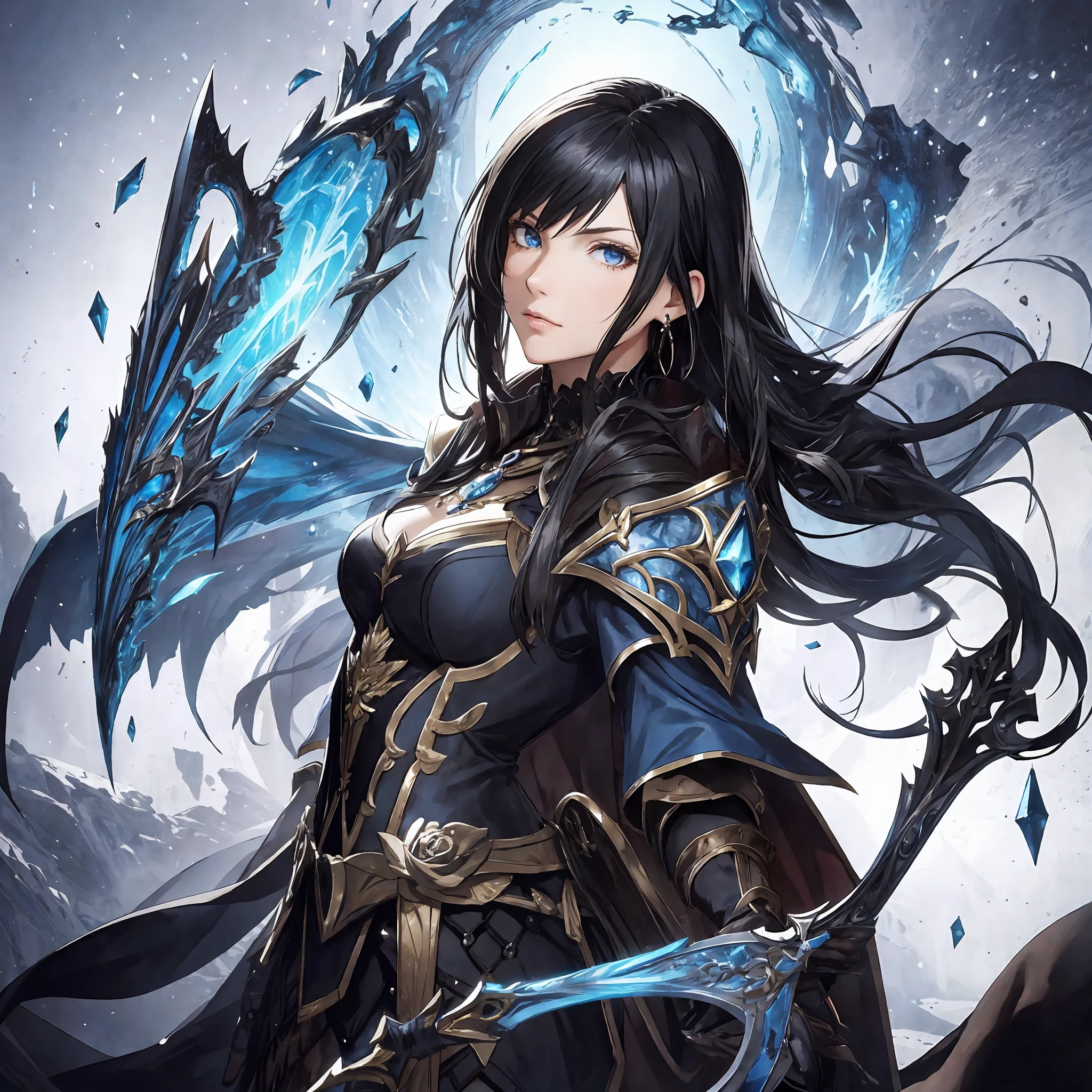 masterpiece, best quality, 1woman adult, older milf, female focus, solo, black hair, vibrant blue eyes, long hair with fringe, looking at viewer, cape, High quality metal texture, semi metal armor, closed mouth, upper body, bangs, high collar,(kbxll:0.6), Fantasy aesthetics, fantasy earring, Highly detailed, shadowverse character concept, shadowverse style, goddess