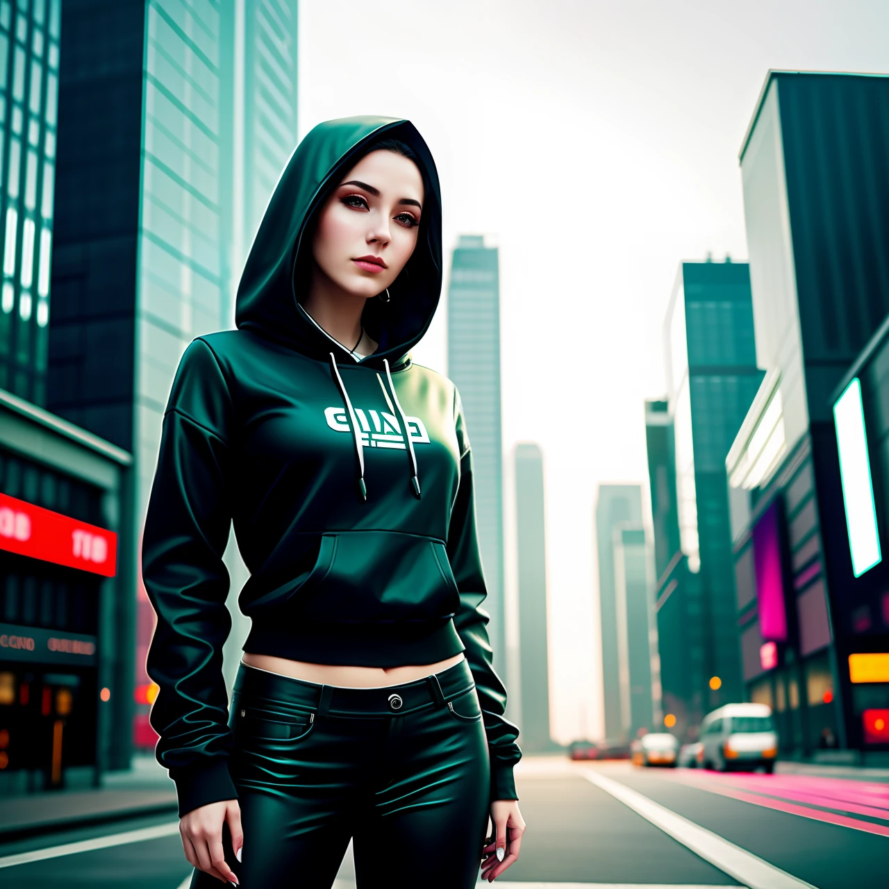 Woman with hood and cold blouse, cyberpunk, realistic design, modern city, cover for Trap music