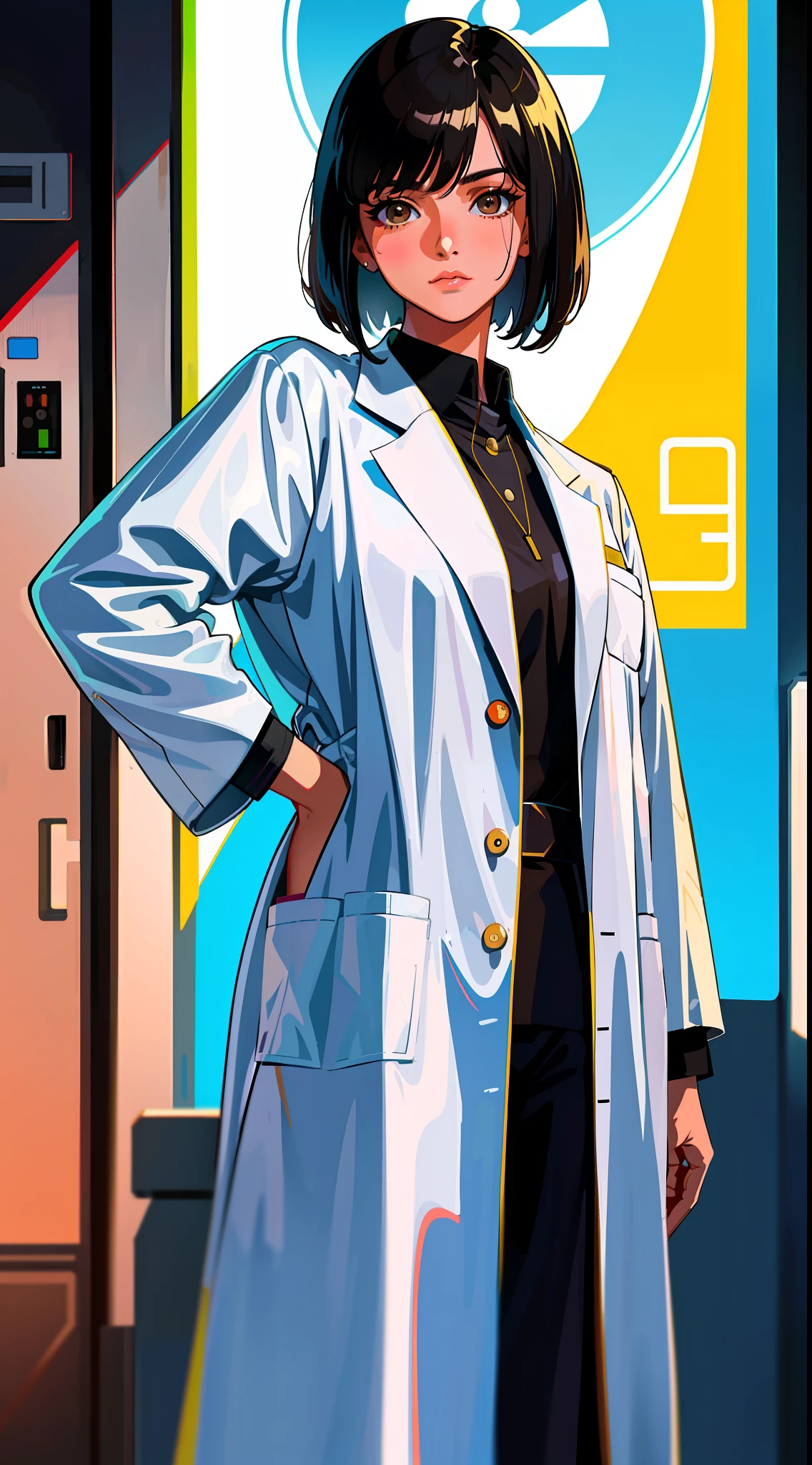 Science fiction, medical uniform, lab coat, 1984 movie references, 80's, rebellious stories, 30 women, adults, brown eyes, Asian yellow skin, Bob's short black hair, dresses, medical uniform, 1980s inspiration, realistic face resolution, realistic, object resolution, lab coat, cyberpunk