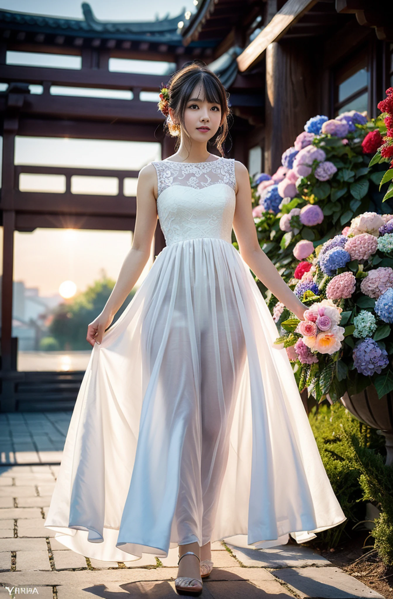 (((Full body photo))))))), (((Rembrandt lighting)),((Sunset backlight)))),(Lens flare)),((Wearing a red wedding dress)),((Super Soft Focus))))), smiling, (Profile)))))), (Looking into the distance)))), twilight, Showered and surrounded by colorful hydrangeas, hydrangeas in the background, ((soft sunset)), (yinchuan:1.5), masterpiece, best quality, raw photo, photorealistic, face, beautiful girl, cute, short hair, ((((depth of field)))), high resolution, ultra detail, fine detail, very detailed, cinematic lighting