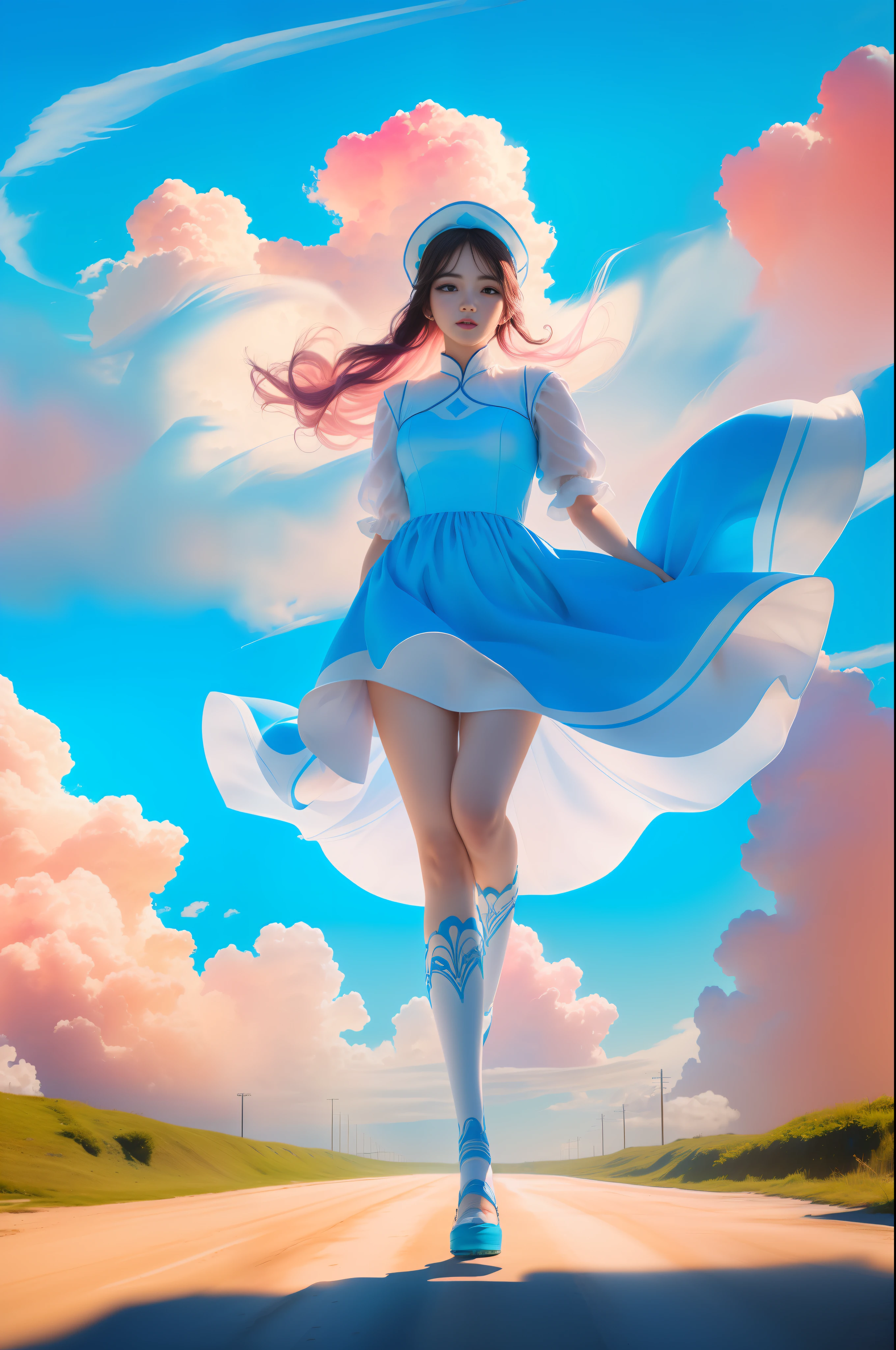 (8k, RAW photo, photorealistic:1.25) ,( lip gloss, eyelashes, glossy side, shiny skin, best quality, ultra high resolution, depth of field, chromatic aberration, caustic, wide light, natural shadow, headwear, kpop idol) ,light pink and blue style, 1girl, (blue sky: 1.5), tall and thin beauty goddess, flowing dress, conservative girl, cloud goddess, flowing white fabric, wearing a flowing dress, realistic, (Blue sky and white clouds in the background: 1.4), (wind: 1.5), (Full body: 1.5), camera very close to the ground, girl running