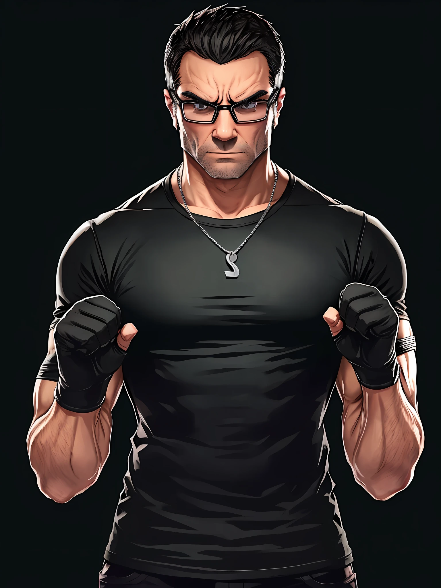 Single, Solo, Men, Black Rimmed Glasses, Black T-Shirt, Muscles, GTA5, Open Finger Gloves, Fighting Pose, Simple Black Background, Silver Necklace