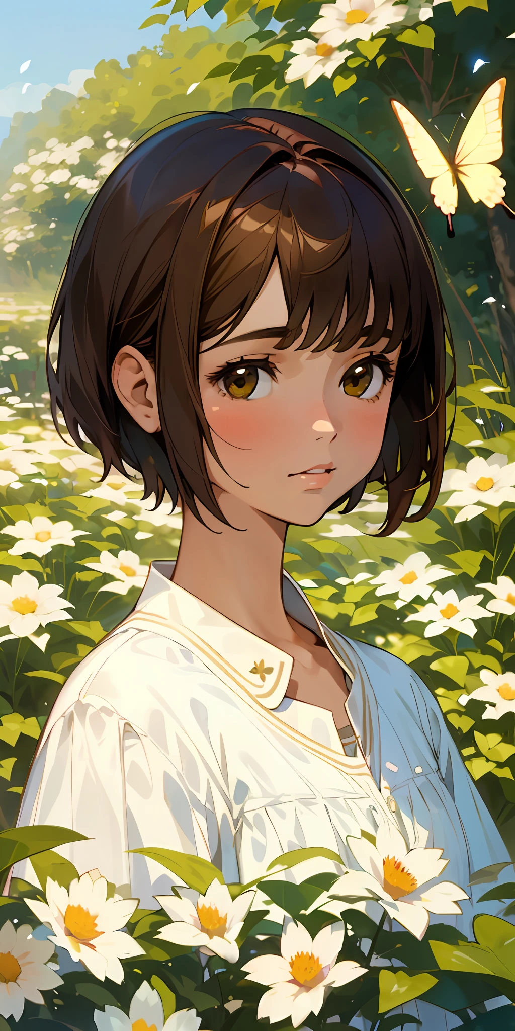 (top quality, masterpiece, ultra-realistic), one beautiful delicate portrait of a girl with short hair, brown hair and a soft and peaceful look, the landscape in the background is a garden with flowers and butterflies flying around. --v6