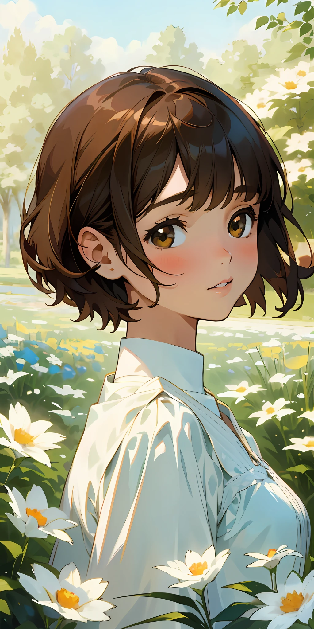 (top quality, masterpiece, ultra-realistic), one beautiful delicate portrait of a girl with short hair, brown hair and a soft and peaceful look, the landscape in the background is a garden with flowers and butterflies flying around. --v6