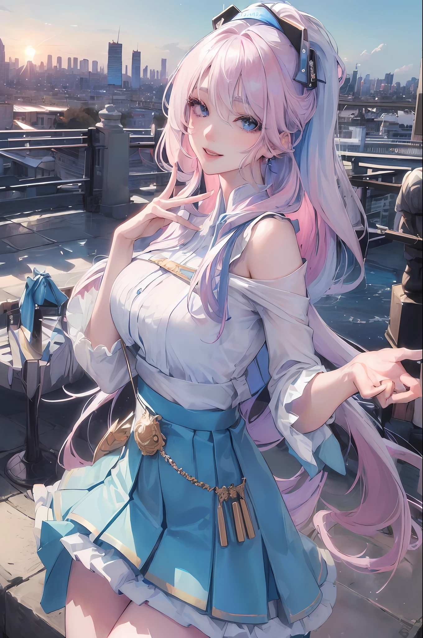 official art, masterpiece, sharp focus, (beautiful gorgeous cute Korean woman:1.3), (beautiful cute korean:1.3), korean beauty, Delicate and beautiful hair and eyes and face, realistic, ultra detailed, beautiful girl, blue sky, glow white particle, (sidelighting:1.2), sun light, white cloud, detailed clouds, slender, Lovely very large breasts and very large hips, smile with teeth, ((smile with eyes, open both eyes)), scenery, long straight hair, sexy facial expression, building, (cityscape:1.7), dynamic hair, long straight hair, detailed platinum pink hair, glow blue eyes, (blue pleated shirts + white skirt), white long socks, pale skin, hair ornament, epic scenery,