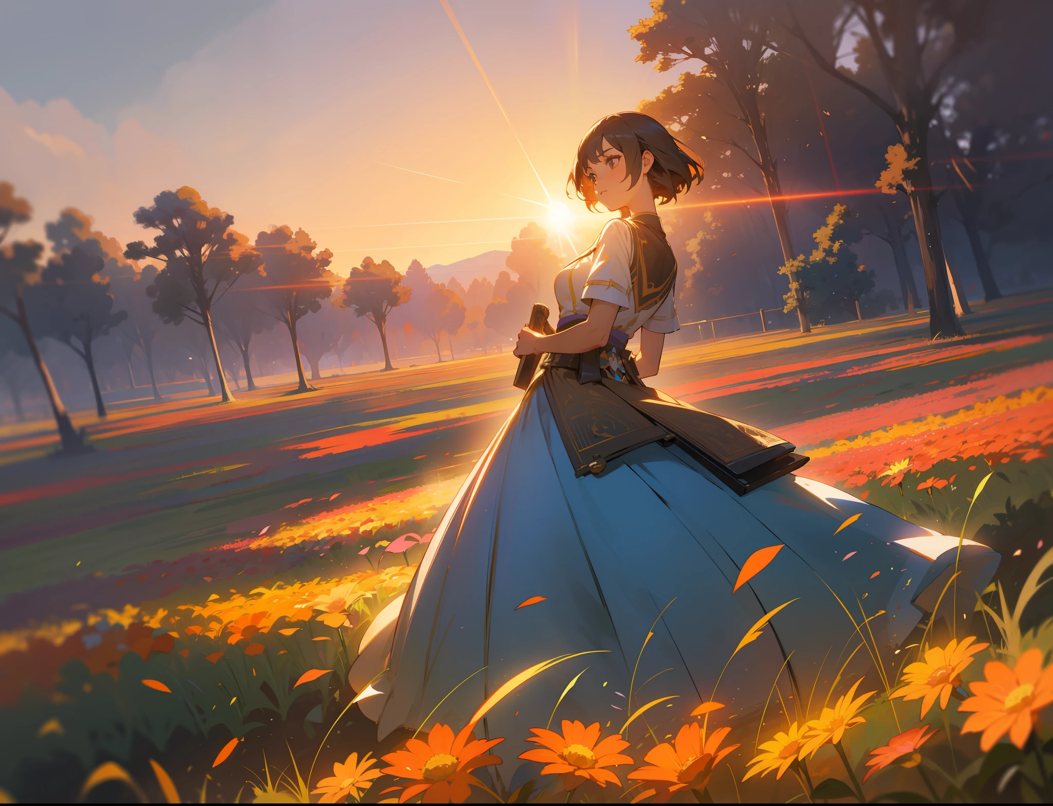 sharp details, Suzuran flower field, gorgeous and beautiful atmosphere, concept art illustration, Greg Rutowski, volumetric lighting, sun rays, girl in colorful clothes, 9yo, pixar, album art, comic style, golden ratio, perfect composition, masterpiece, artstation trend, oversaturated, epic and realistic, hdr, intricate details, rutkowski, complex, cinematic, detail