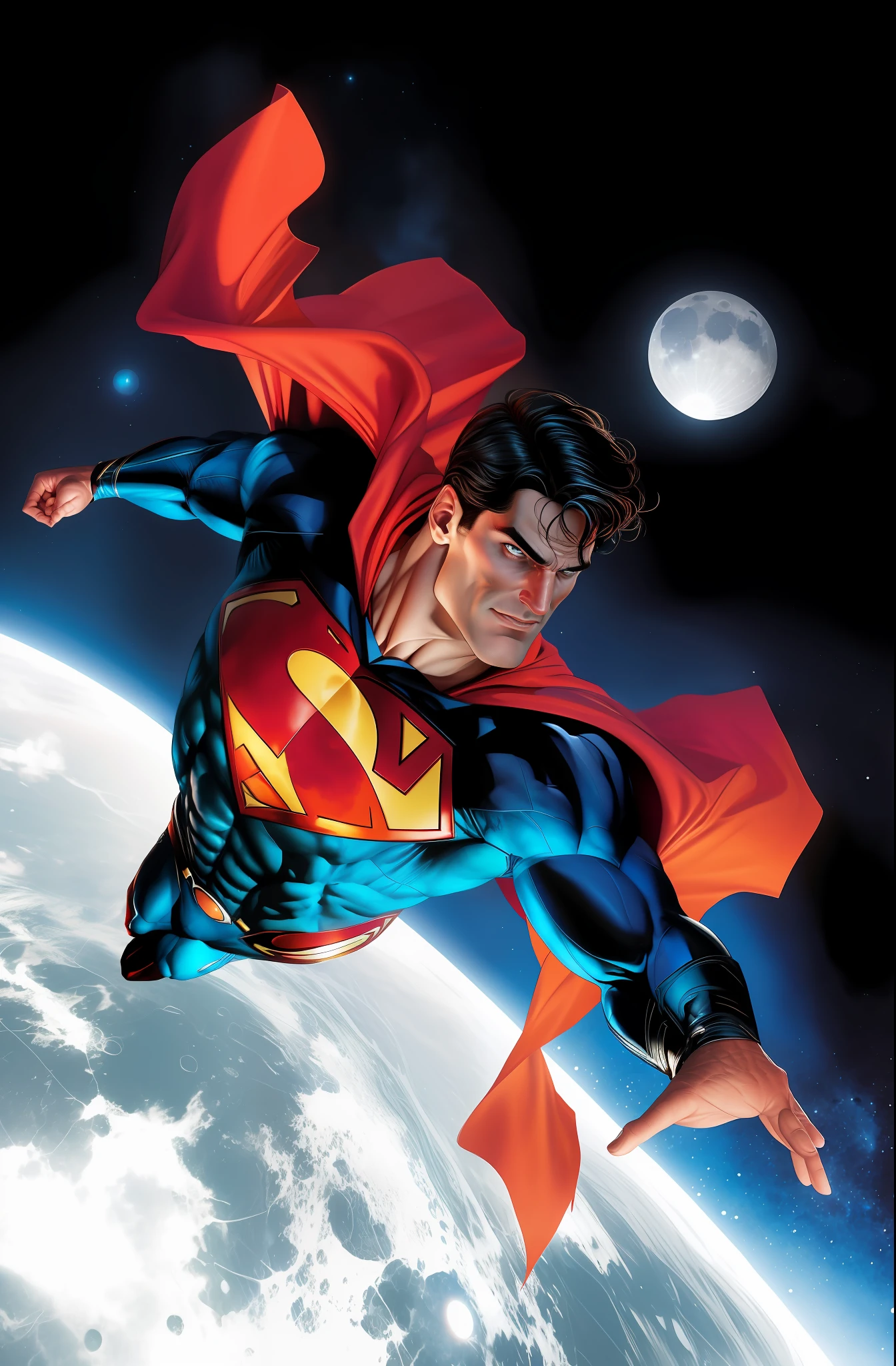 superman flying over the earth in front of the moon, superman, superman emerging from the sun, jason fabok, superman pose, by Chris Moore, superman is high, inspired by Jim Lee, super high resolution, dc comic, jason fabok. greg staples, dc comics art style, by Greg Staples, textless, by Matt Stewart, krypton, cliff chiang