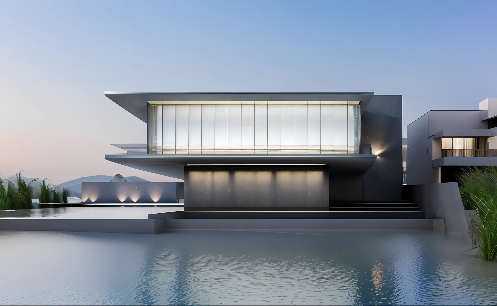 ((Masterpiece, highest quality)), 8K, Modern Architectural Style, Photorealistic Photography, David Chipper Field, Ultra detailed photo, Single box, Digital 3d rendering of building, Metal building, Lean flare, Beach, Night, Beauty One