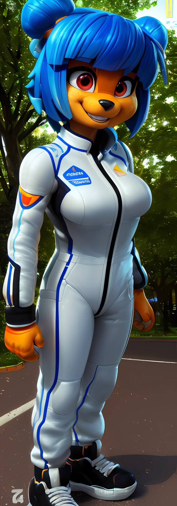 [Megumi_Bandicoot_(Crash Team Racing Nitro Fueled)], [Uploaded to e621.net; (Pixelsketcher), (wamudraws)], ((masterpiece)), ((solo portrait)), ((furry; anthro)), ((detailed fur)), ((raytracing)), ((detailed shading)), ((beautiful 3D art)), {anthro; (orange fur, black nose, (short straight blue hair; chinese hair buns)), big cute pink eyes, (happy smile; white teeth), ((white race suit), medium boobs, black high top sneakers), (4 fingers)}, (standing; thumbs up), [background; park; (trees, sidewalk, sun rays through leaves)]