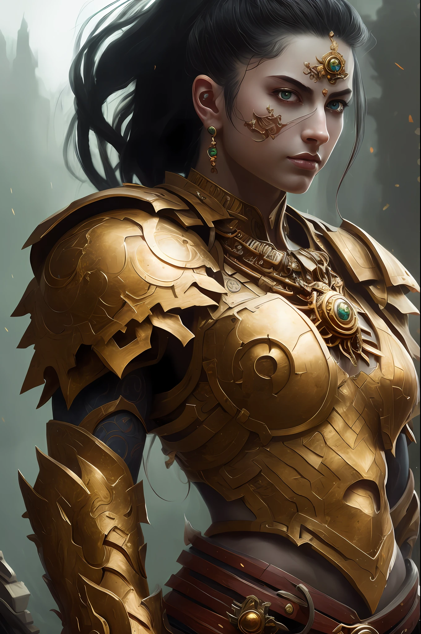 (Painting: 1.3) from (Detailed illustration: 1.3) A (full body: 1.3) shooting in 8k resolution, splash art, fantastic comic book style, photorealistic, intense visual, anatomical photorealistic digital painting portrait of one (Spartan warrior: 1.3) human (warrior: 1.3) in intricate green and gold (heavy armor: 1.3) in one (dark and temperamental universe: 1.3), particle of light, very detailed skin,  Samurai, very detailed eyes (old ring style: 1.3), (Warhammer style:1.1), conceptual artist, global lighting, depth of field, splash art, art by Artgerm and Greg Rutkowski and Viktoria Gavrilenko