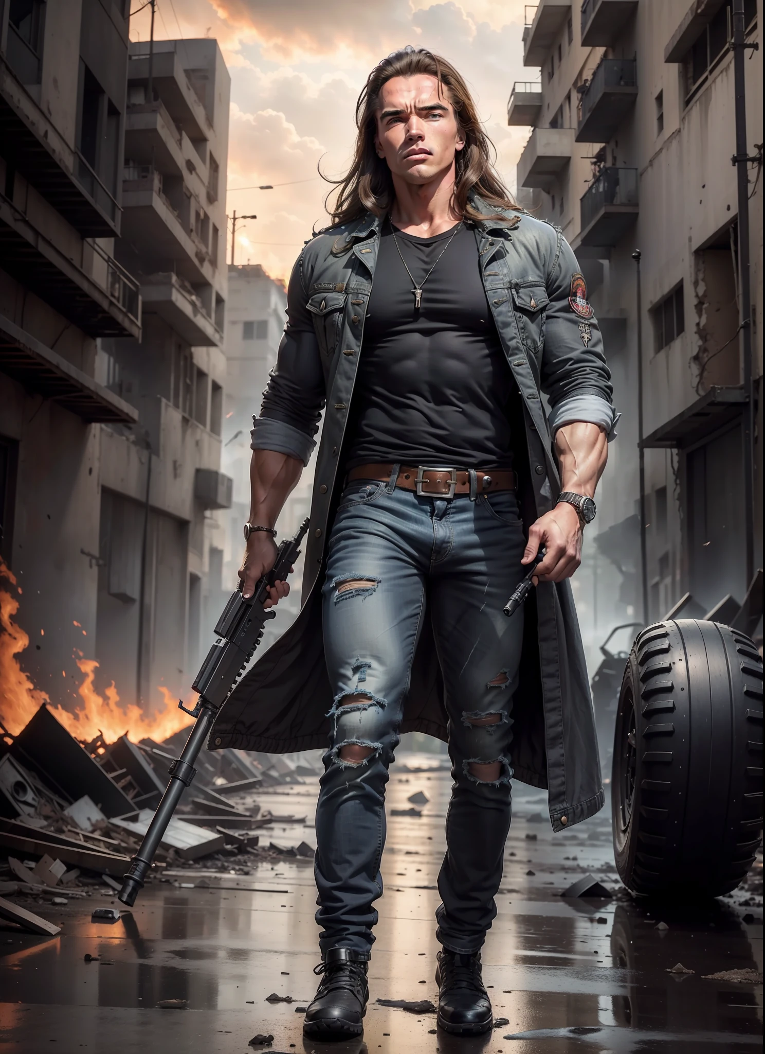 young Arnold Schwarzenegger, long hair, jeans, long jacket, gray t-shirt,1 belt, holster, rivets, just one body, big gun in hands, in ruins, explosions behind, fire behind, front view