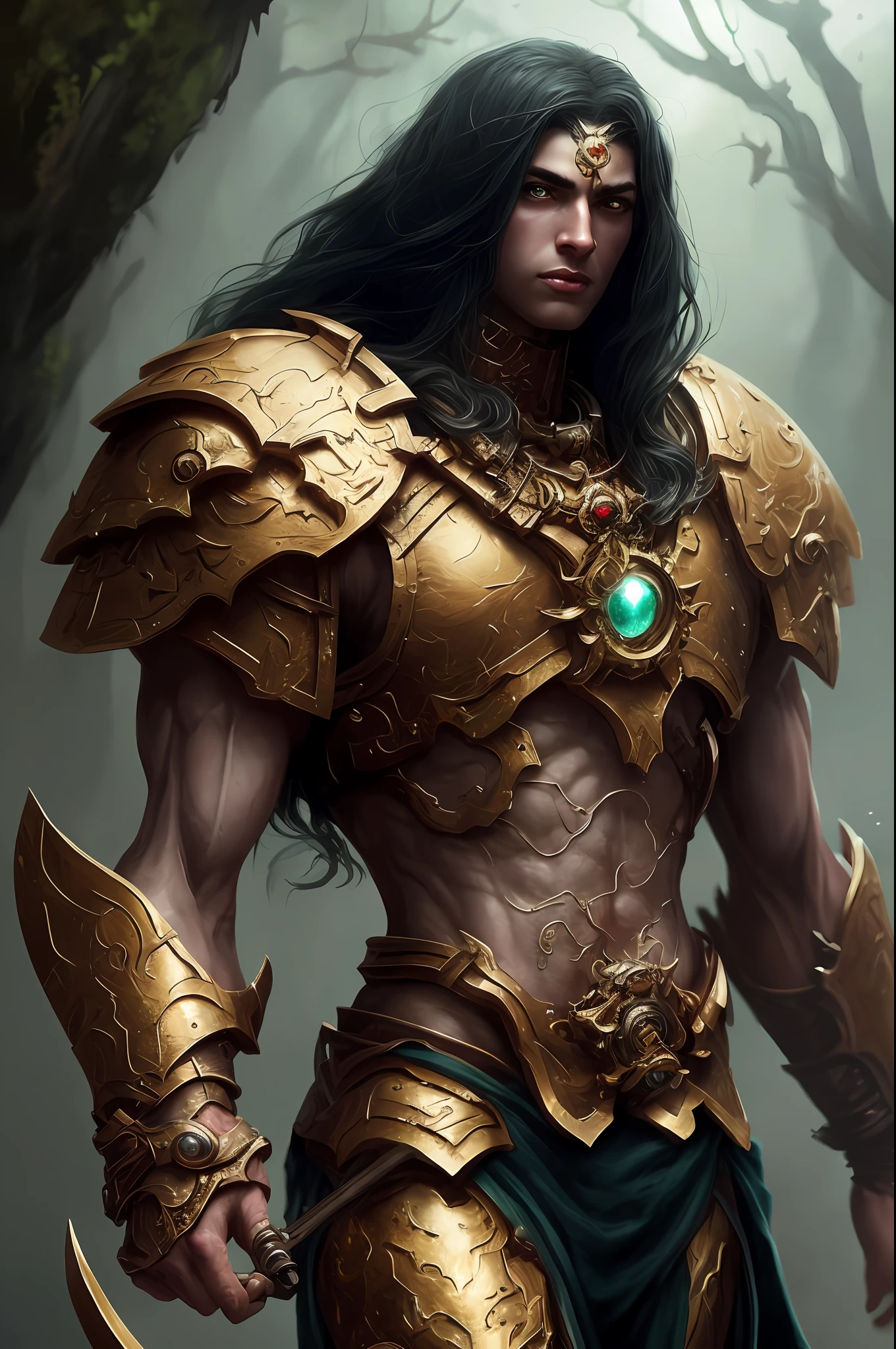 (Painting: 1.3) from (Detailed illustration: 1.3) A (full body: 1.3) shooting in 8k resolution, splash art, fantastic comic book style, photorealistic, intense visual, anatomical photorealistic digital painting portrait of one (Spartan warrior: 1.3) human (warrior: 1.3) in intricate green and gold (heavy armor: 1.3) in one (dark and temperamental universe: 1.3), particle of light, very detailed skin, Samurai, very detailed eyes (old ring style: 1.3), (Warhammer style:1.1), conceptual artist, global lighting, depth of field, splash art, art by Artgerm and Greg Rutkowski and Viktoria Gavrilenko