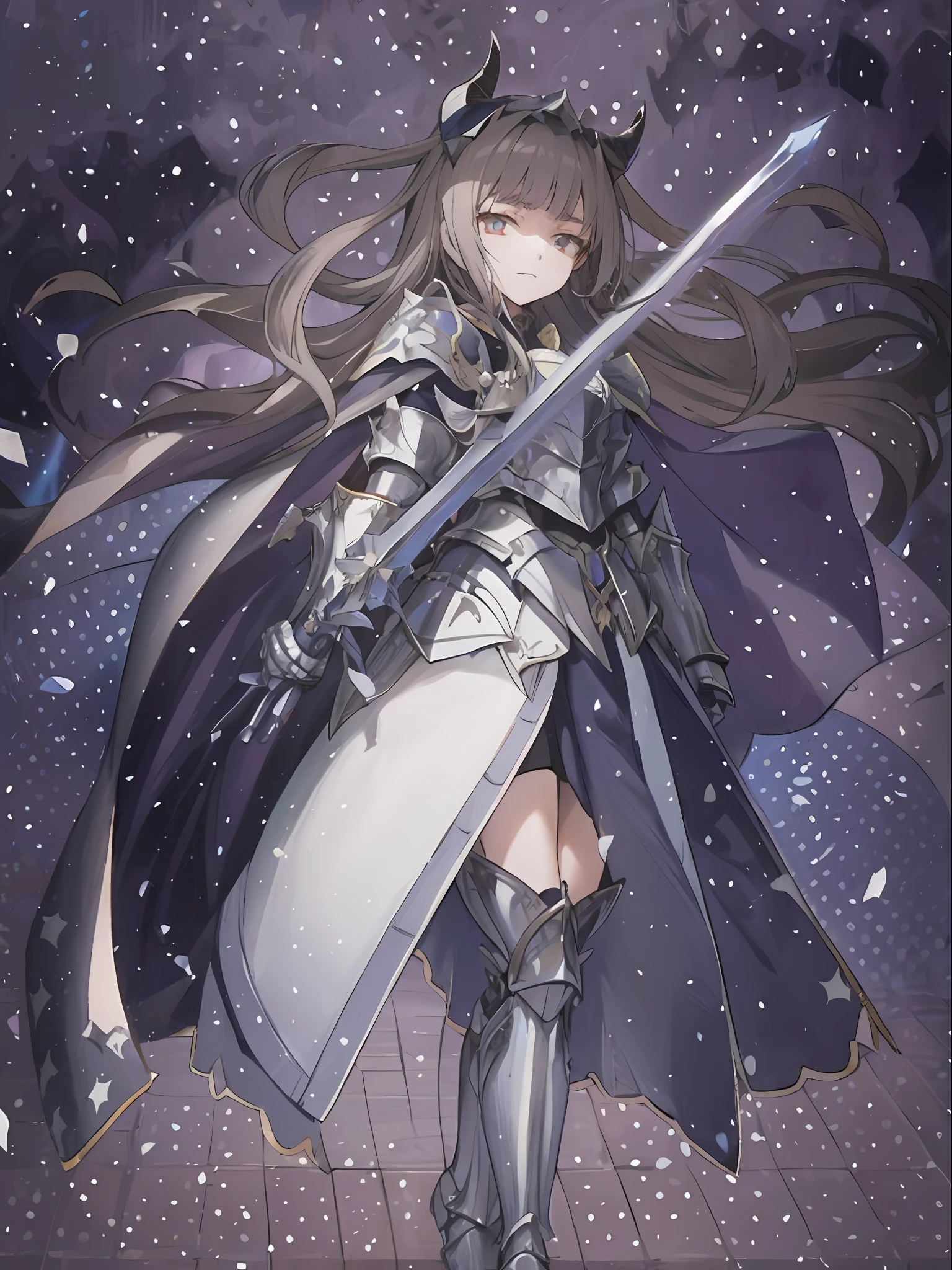 High quality live wallpaper! Animated girls wearing gorgeous cloaks and armor, holding magic swords standing in the starry sky. Beautifully presented in detail, official art style. She is a female knight from the Ark world, under the influence of Ayaka Genjin, with demon-like horns and fierce and evil eyes. This is an epic Light Novel art cover!