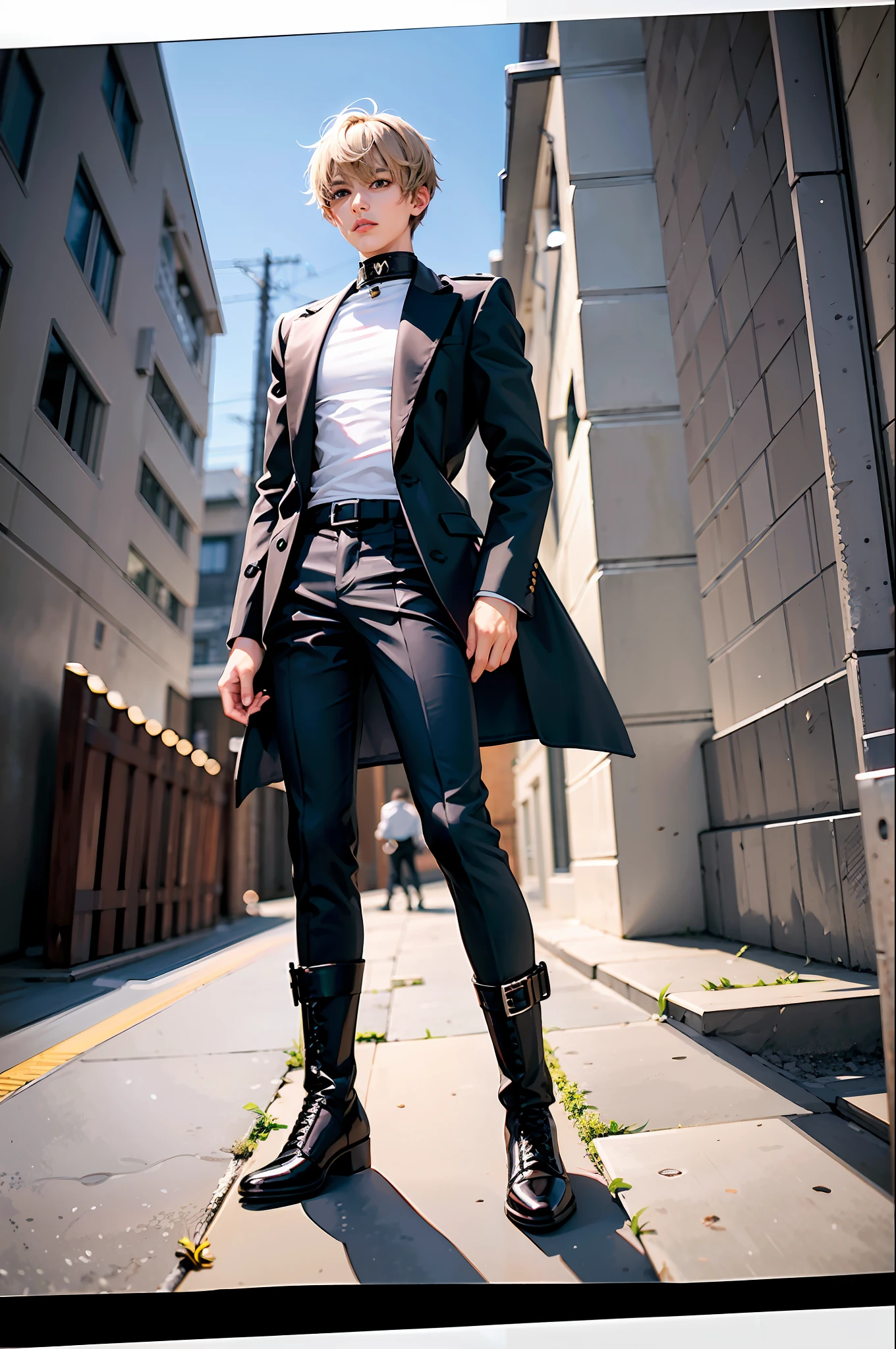 A young man 16 years old, with short hair in a dark blond hue. gray eyes, white skin, healthy color of a normal person, defined body, mostly black, open in the middle, showing a white shirt, black pants and boots, ultra detailed, 8k black trench coat two katanas suffled on the back
