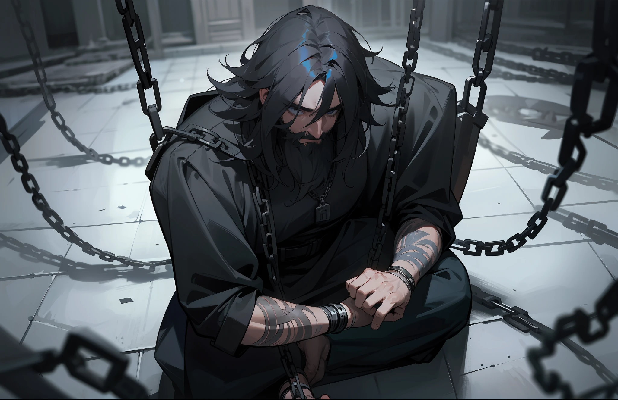 Dark and eerie atmosphere, (jail: 1.3, man chained in a dark prison: 1.6), restrained, immobilized, shackles, single flower, particles, biased composition, masterpiece, oversaturated, epic and realistic, intricate detail, cinematic, detail, break, thick and sturdy chain, from above, sitting on the floor, hu seat, unkempt hair, beard, eyes hidden by hair