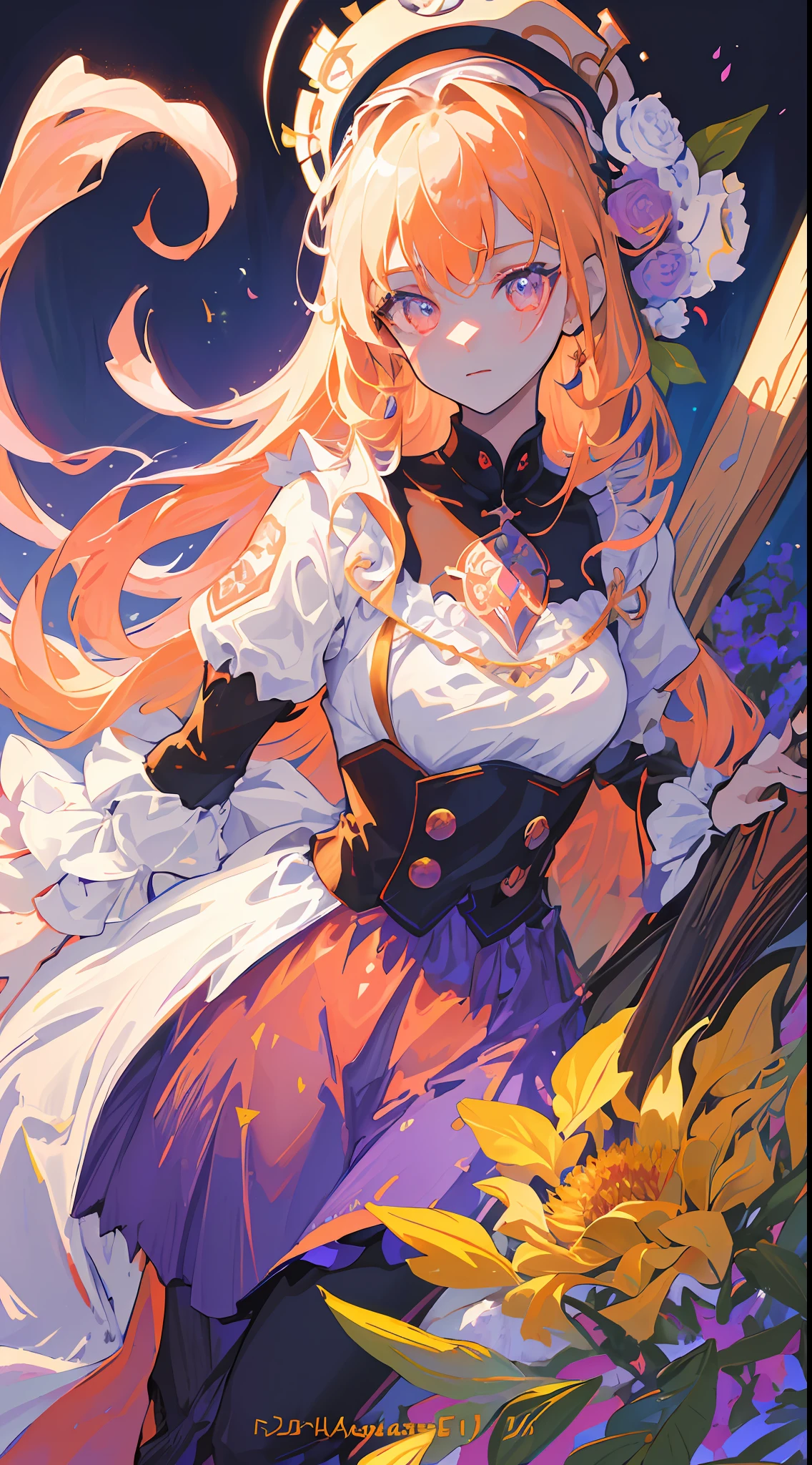 (masterpiece, top quality, best quality, beautiful and aesthetic:1.2), (1girl:1.1), glowing eyes, extreme detailed, (colorful:1.1), (colorful background1:1), (#ff311f:1.5), (#f08432:1.2), highest detailed, weapon, holding weapon, (glowing weapon), detailed background, fire:1.2, flowers:1.2, , masterpiece, 8k