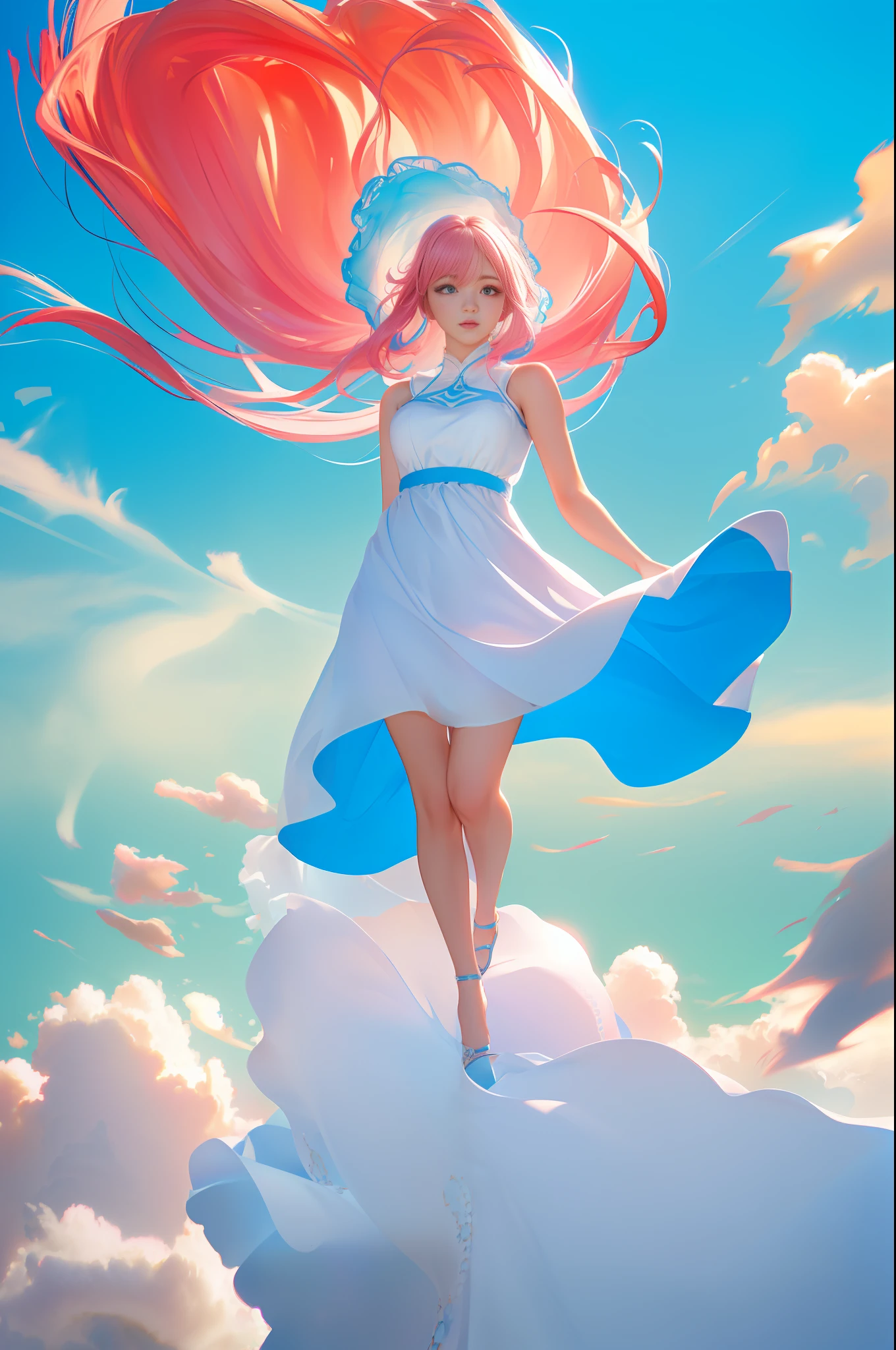 (8k, RAW photo, photorealistic:1.25) ,( lip gloss, eyelashes, glossy side, shiny skin, best quality, ultra high resolution, depth of field, chromatic aberration, caustic, wide light, natural shadow, headwear, kpop idol) ,light pink and blue style, 1girl, (blue sky: 1.5), tall and thin beauty goddess, flowing dress, conservative girl, cloud goddess, flowing white fabric, wearing a flowing dress, realistic, (Blue sky and white clouds in the background: 1.4), (wind: 1.5), (Full body: 1.5), camera very close to the ground, girl running