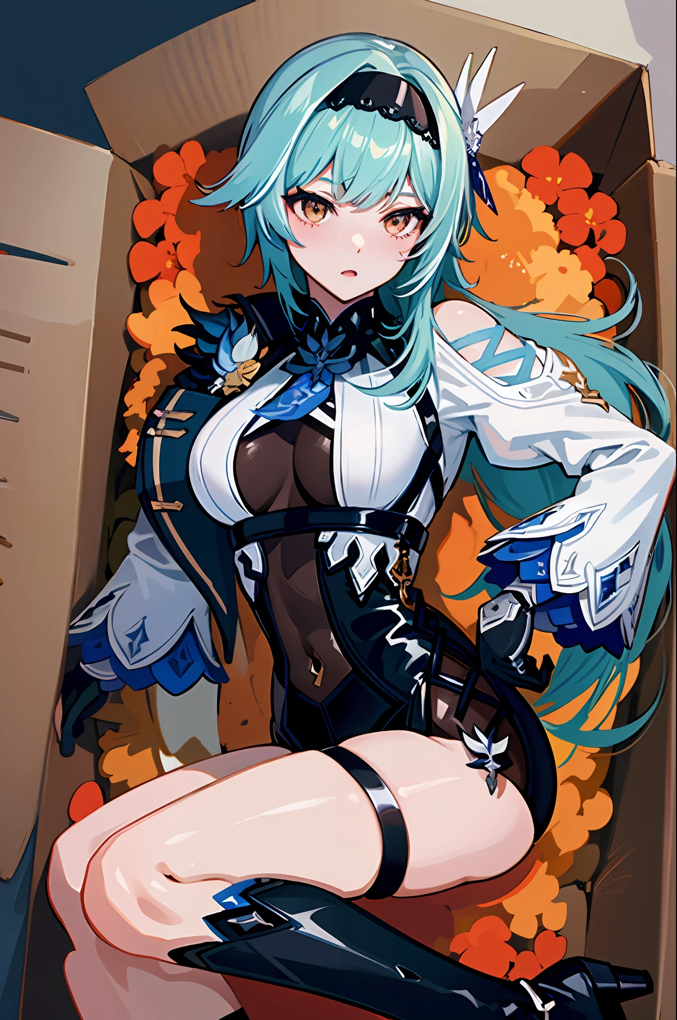 (masterpiece, top quality, best quality, official art, beautiful and aesthetic:1.2),(8k, best quality, masterpiece:1.2), there is a woman sitting in a box full of Primogem genshin impact, isi kotaknya primogems, eula genshin impact, eula game genshin impact, kawacy, splash art anime , extremely detailed artgerm, artgerm. anime illustration, from girls frontline, ! dream artgerm, ruan jia and artgerm, ekspresi wajah yang begitu seksi dan menggoda, 2 hands, 2 legs