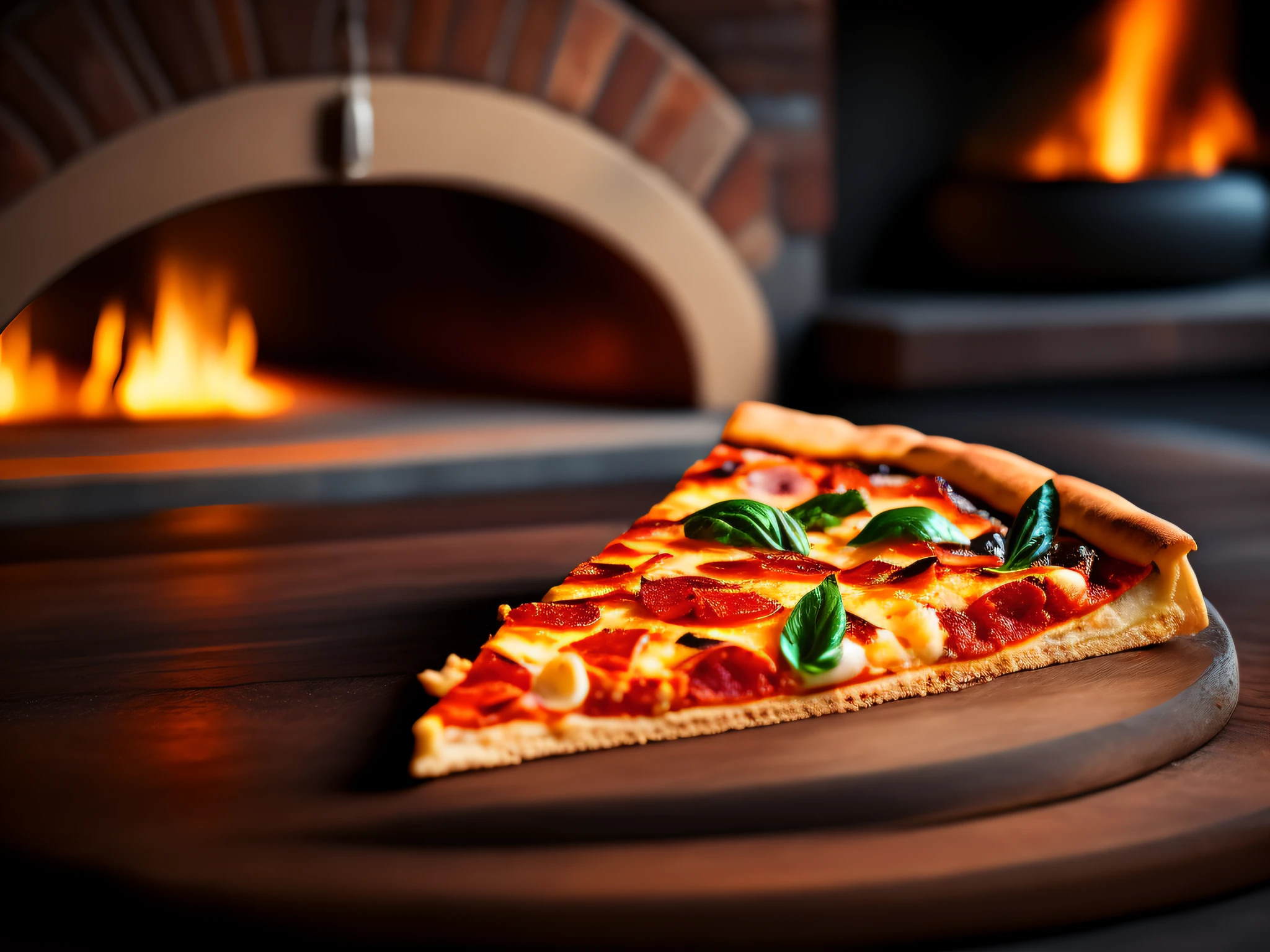 Macrophotograph of a slice of delicious juicy pizza in front of a stone oven, fire oven, light it fire, food photography, advertising photography, soft light, extremely detailed, beautiful, establishing shot, artistic, hyperrealistic, octane render, cinematic lighting, dramatic lighting, masterpiece, light brazen, extremely detailed